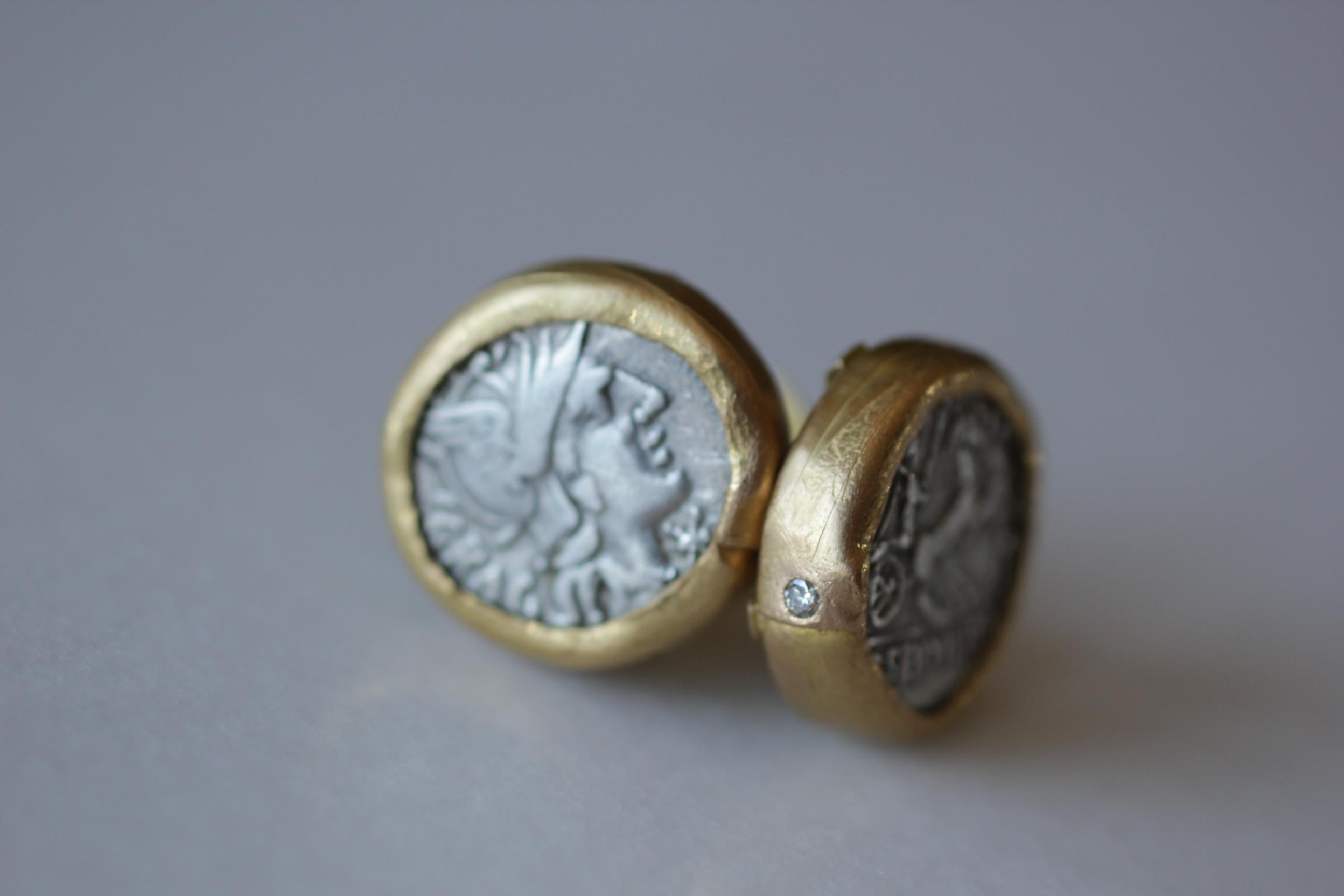 Round Cut Antique Silver Roman Coin 22-21 Karat Gold Cuff Links with Diamonds Cufflinks