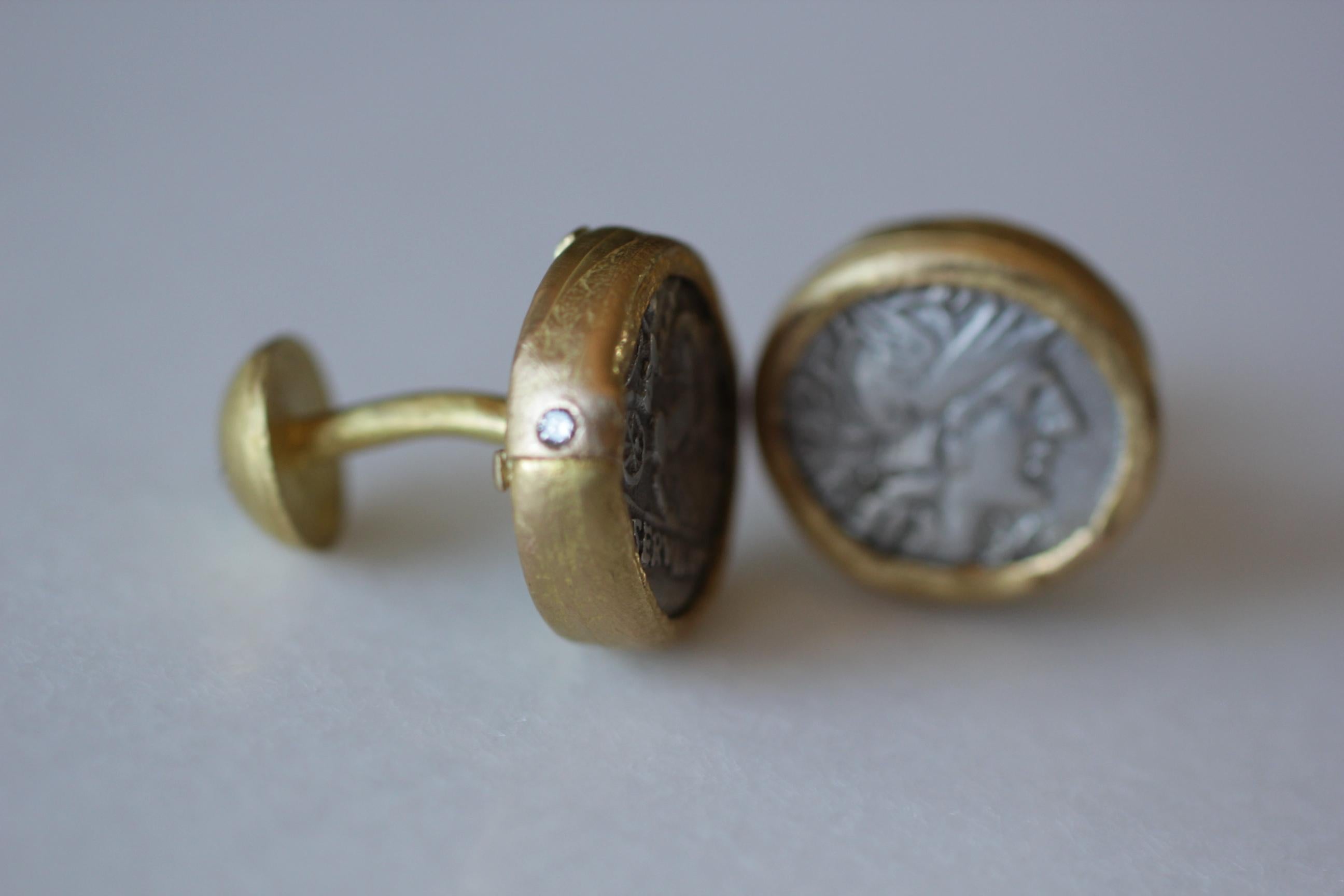 Antique Silver Roman Coin 22-21 Karat Gold Cuff Links with Diamonds Cufflinks 1