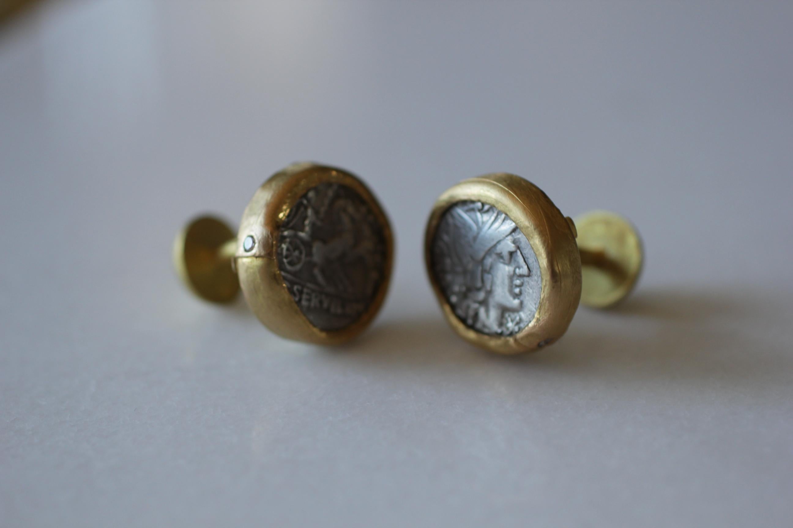 Antique Silver Roman Coin 22-21 Karat Gold Cuff Links with Diamonds Cufflinks 3