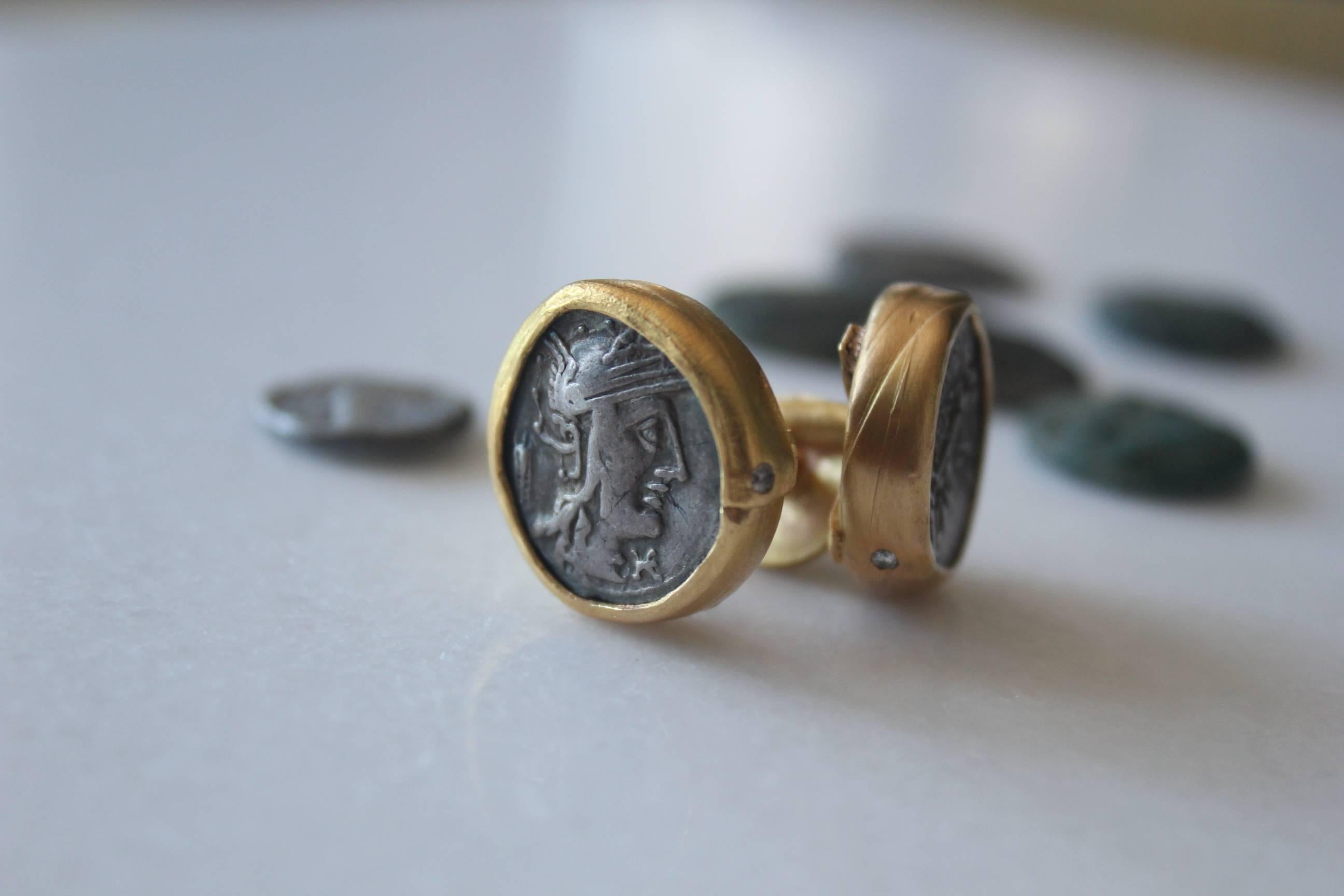 Contemporary Antique Silver Roman Coin Set in 22K-21K Gold Cuff Links with Diamonds Cufflinks