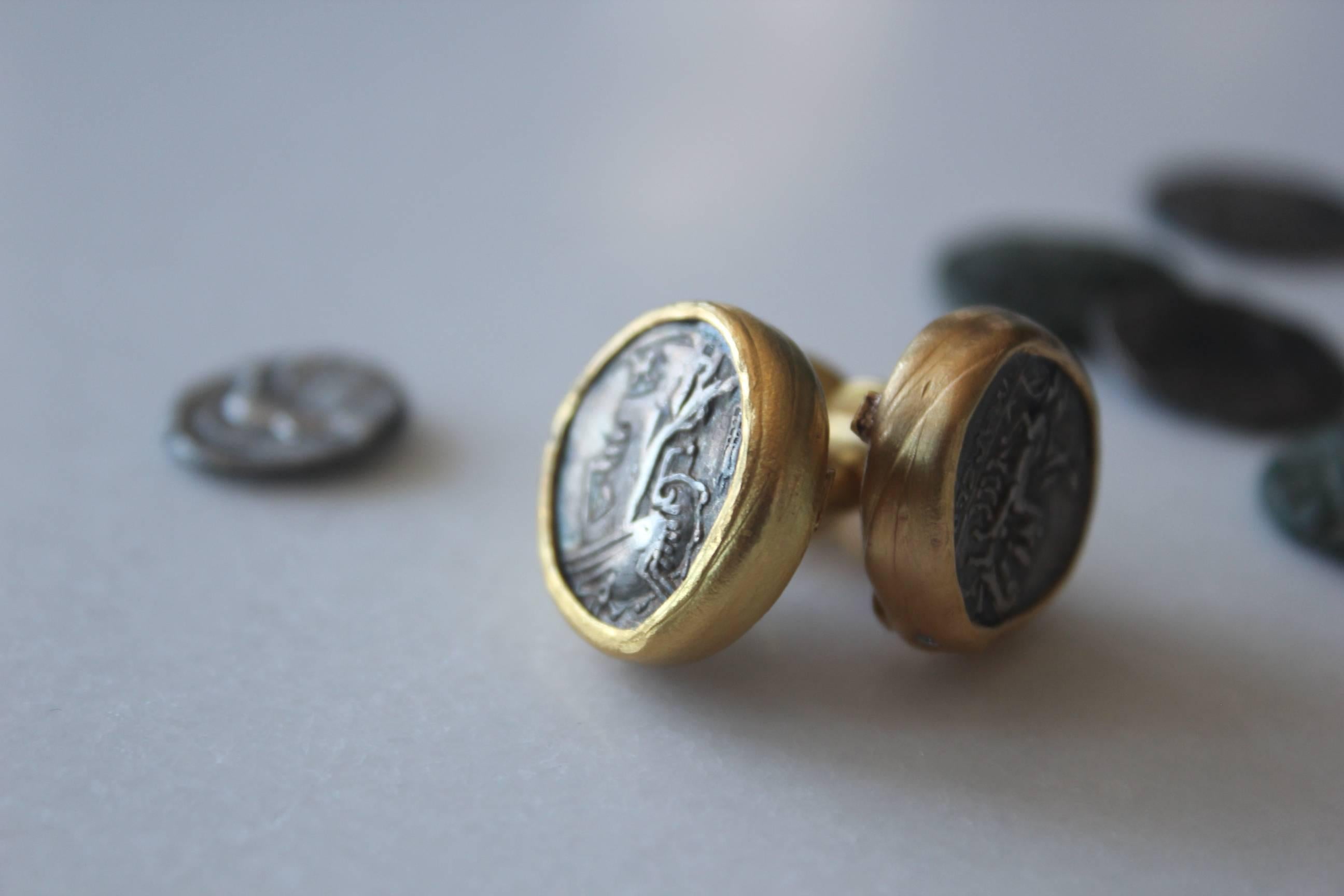 Antique Silver Roman Coin Set in 22K-21K Gold Cuff Links with Diamonds Cufflinks 1
