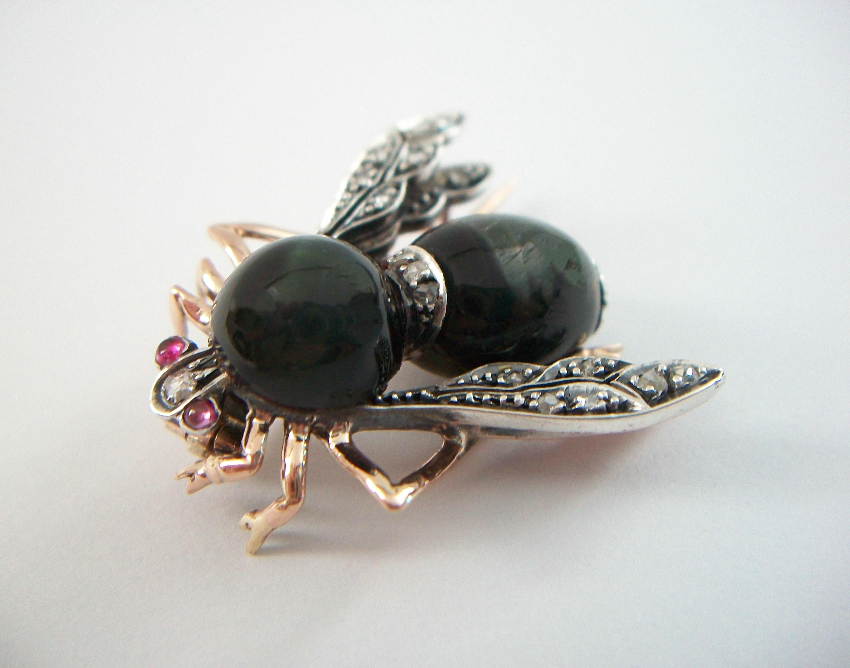 Antique Silver, Rose Gold & Cat's Eye Quartz Bee Brooch - France - Circa 1870's For Sale 9