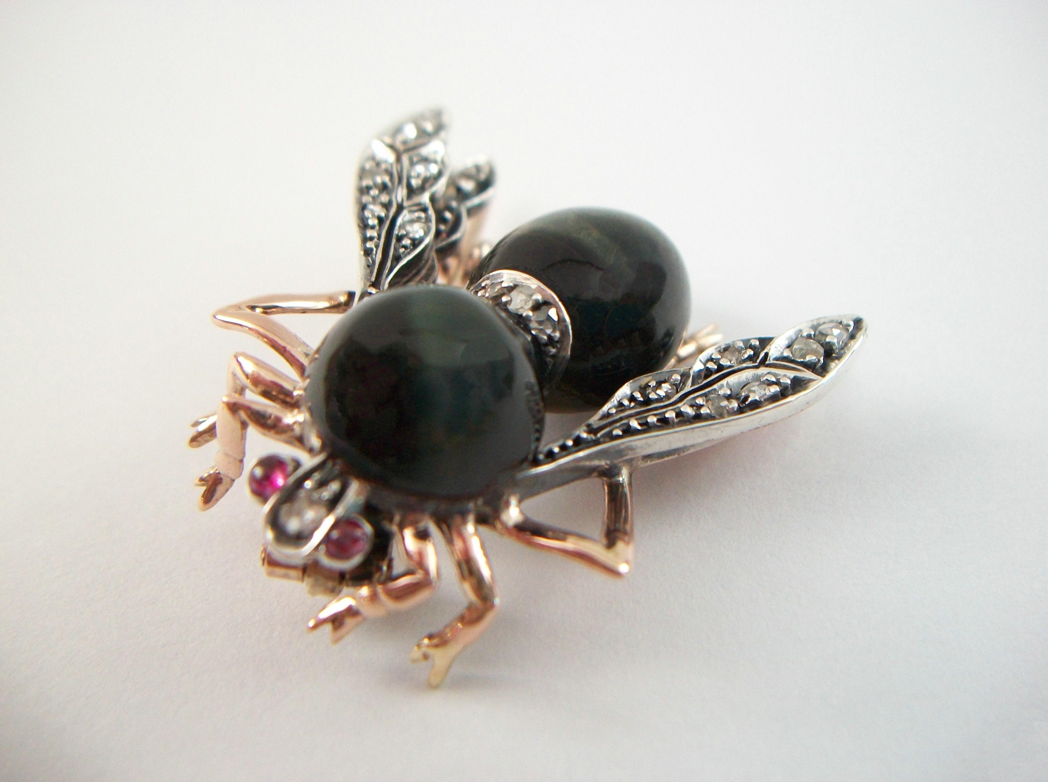 Antique Silver, Rose Gold & Cat's Eye Quartz Bee Brooch - France - Circa 1870's For Sale 10