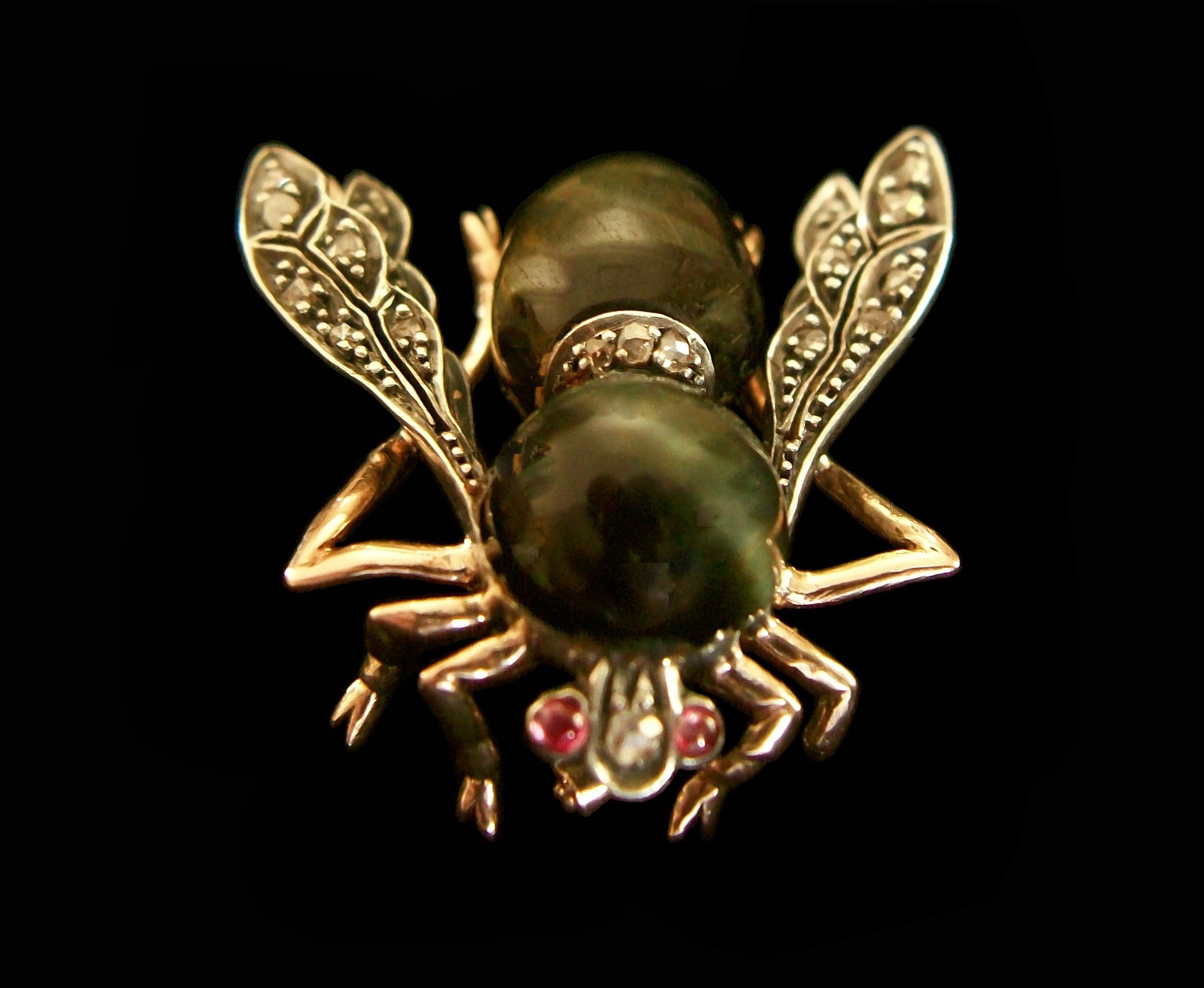 Antique Silver, Rose Gold & Cat's Eye Quartz Bee Brooch - France - Circa 1870's For Sale 2
