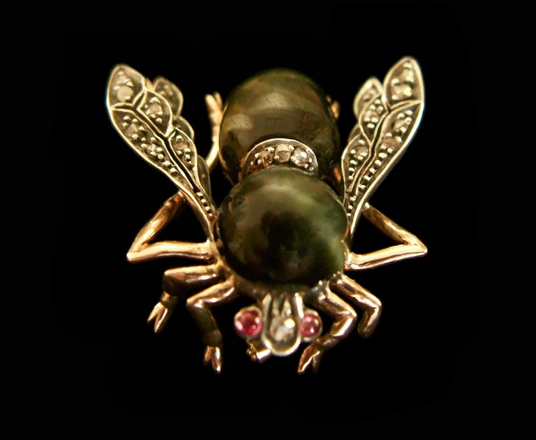Antique Silver, Rose Gold & Cat's Eye Quartz Bee Brooch - France - Circa 1870's For Sale 3