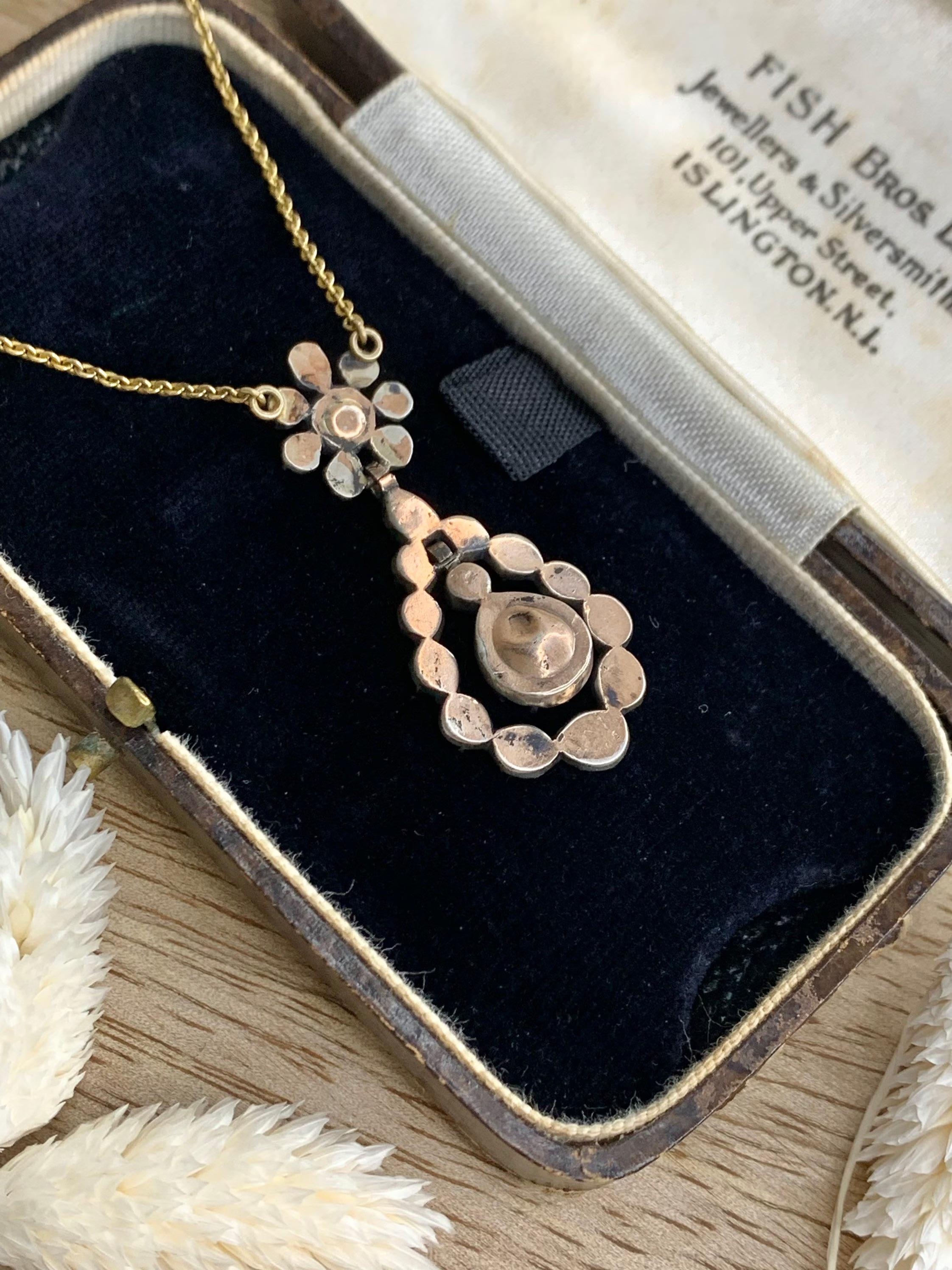 Antique Silver & Rose Gold Early Georgian Diamond Pendant Necklace For Sale 3