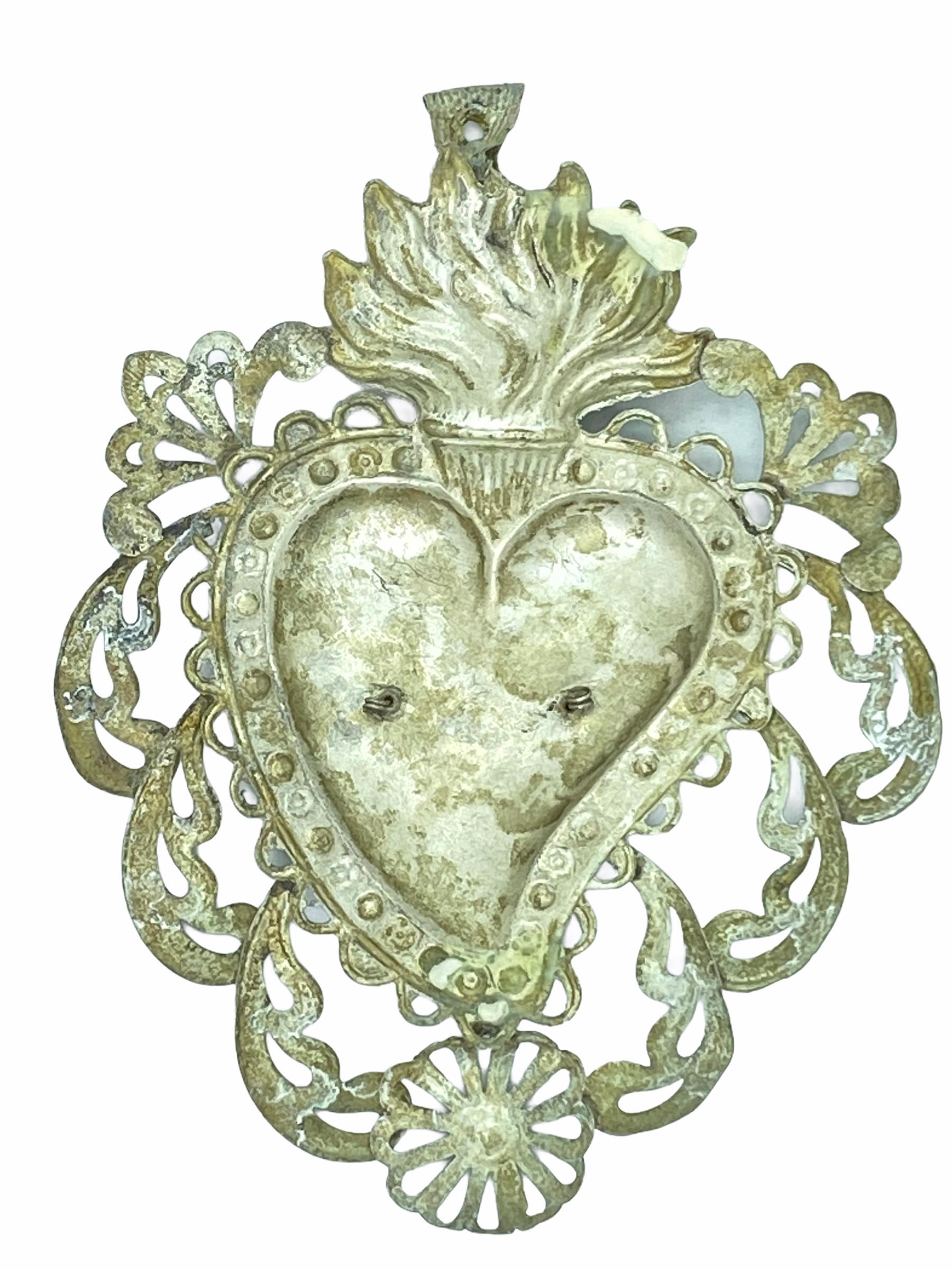 German Beautiful Silver Sacred Heart Ex Voto Monogramed, Antique European, 1910s