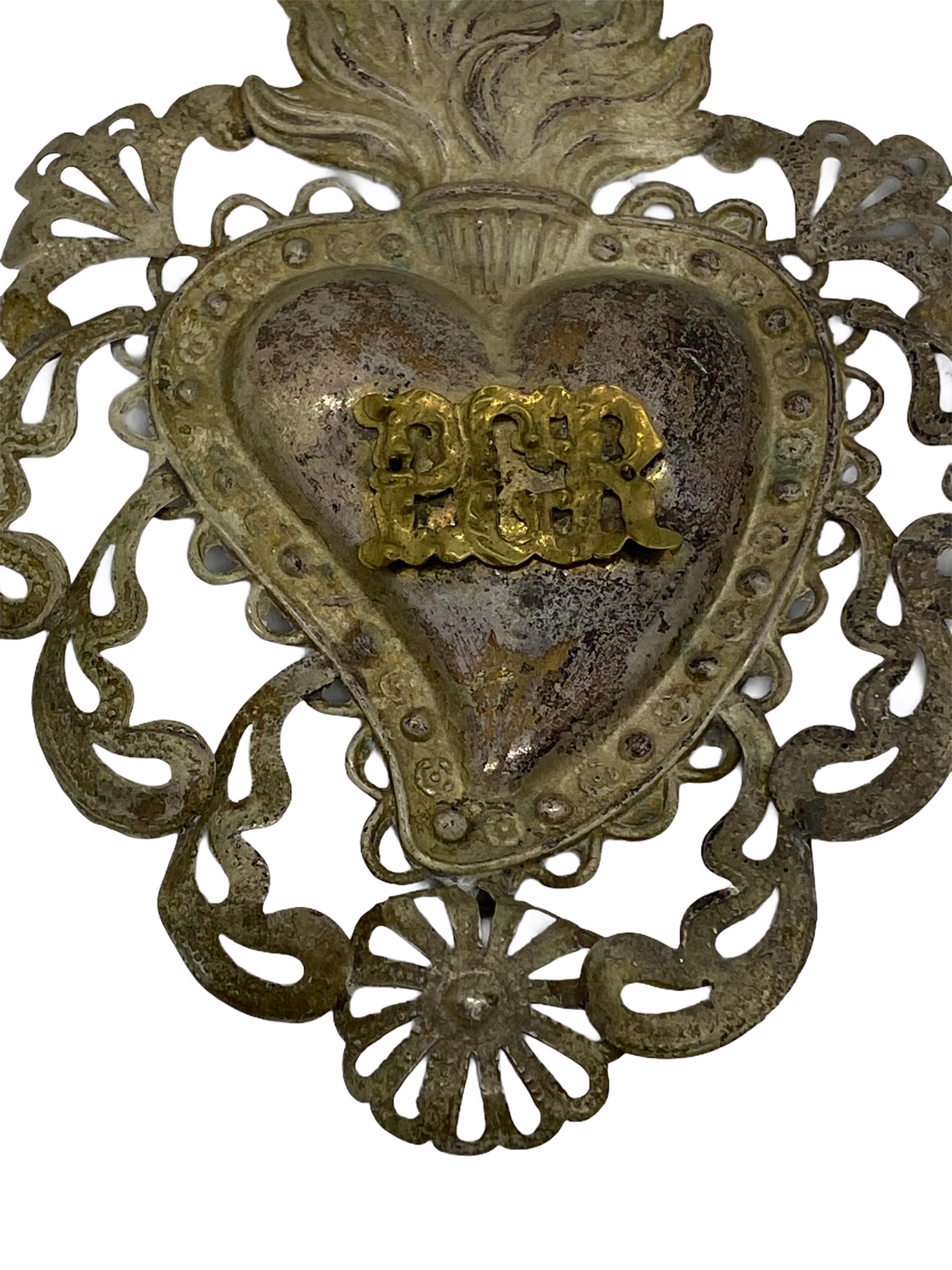 Silvered Beautiful Silver Sacred Heart Ex Voto Monogramed, Antique European, 1910s