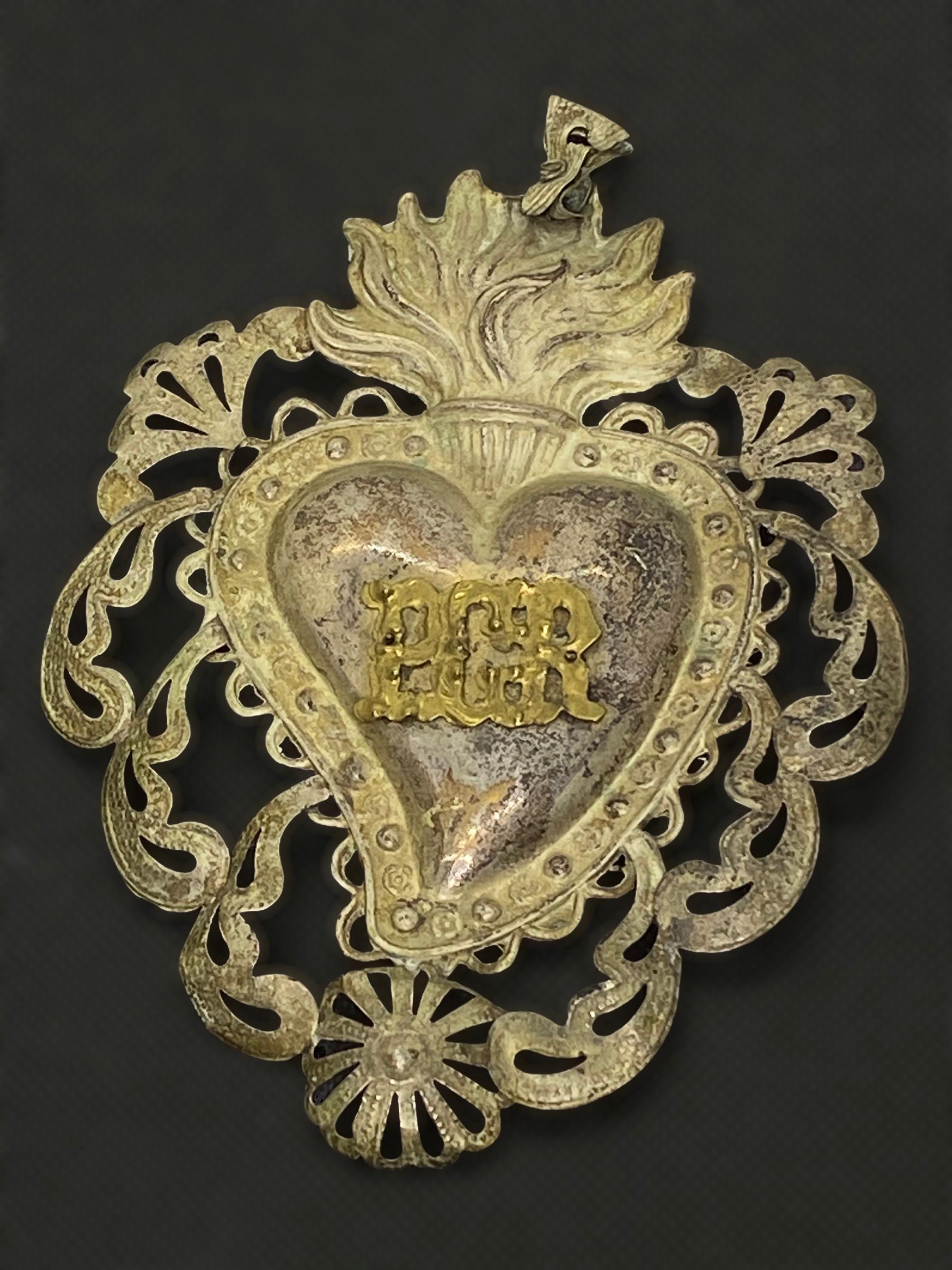Silver Plate Beautiful Silver Sacred Heart Ex Voto Monogramed, Antique European, 1910s