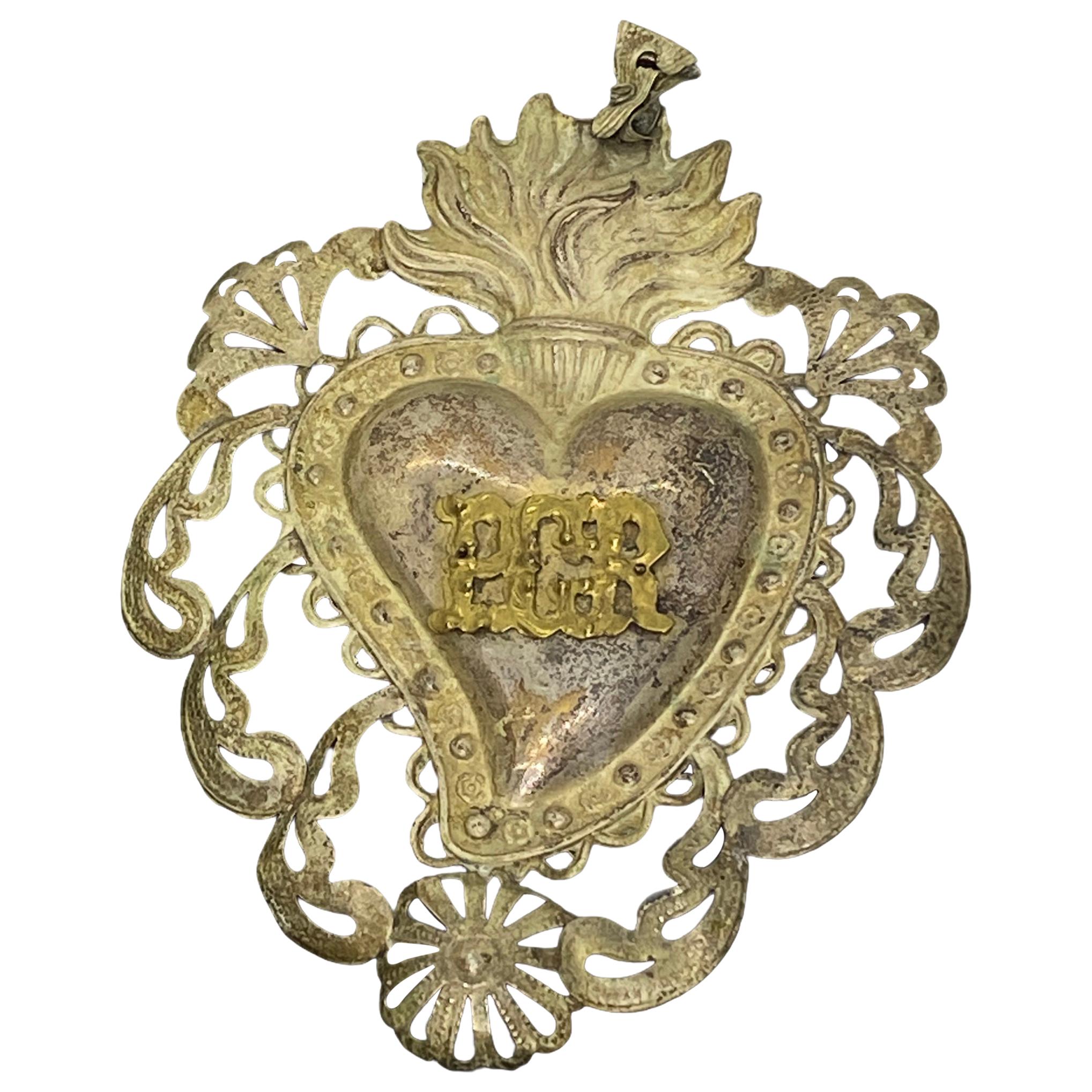 Beautiful Silver Sacred Heart Ex Voto Monogramed, Antique European, 1910s