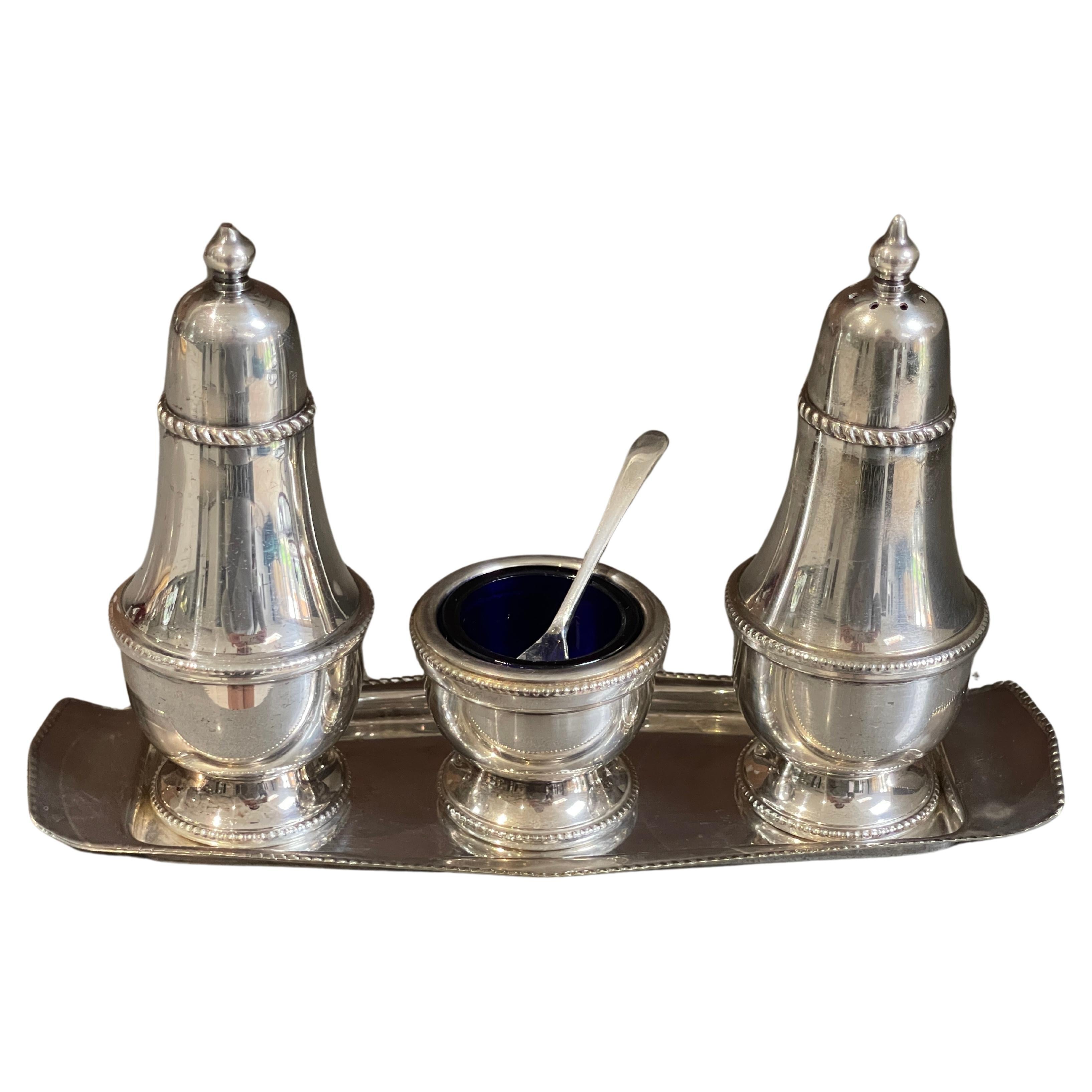 Antique Silver Salt Pepper Shaker, Art Deco Decorative Condiment Set with Tray  For Sale