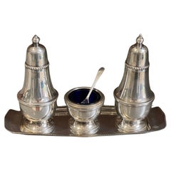 Vintage Silver Salt Pepper Shaker, Art Deco Decorative Condiment Set with Tray 