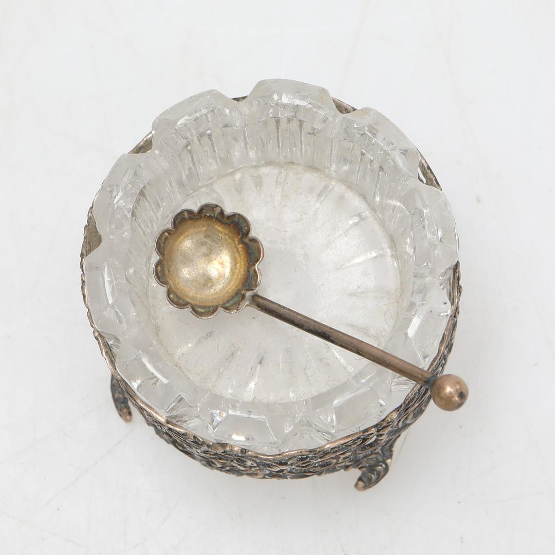 Swedish Antique Silver Salt Shaker,  A Pair of Salt Shakers Crystal Bowl Inside Spoon 