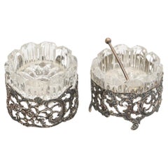 Antique Silver Salt Shaker,  A Pair of Salt Shakers Crystal Bowl Inside Spoon