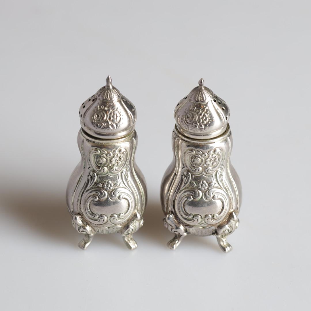 Swedish Antique Silver Salt Shaker Rococo Style, Pair of Decorative Pepper Shaker Sale  For Sale