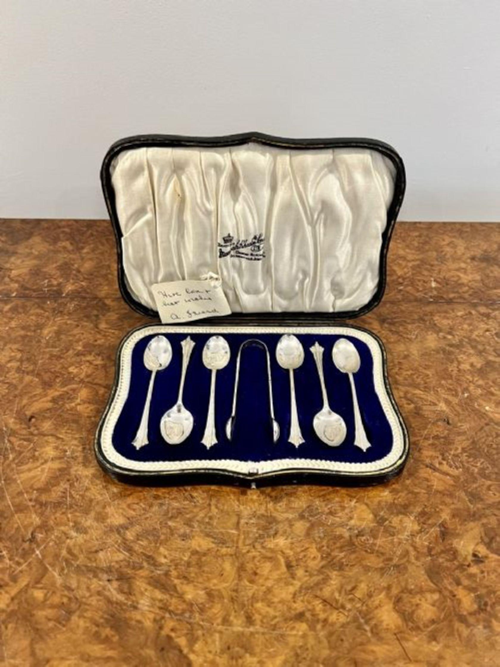 Antique Silver Set Of Six Teaspoons & Sugar Tongs For Sale 1