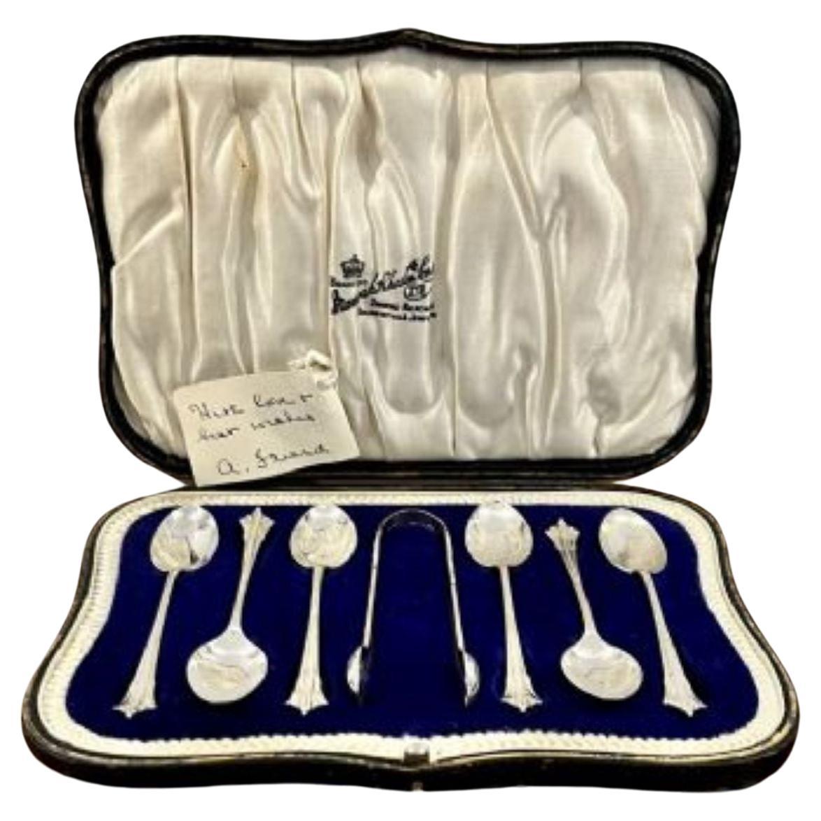 Antique Silver Set Of Six Teaspoons & Sugar Tongs For Sale