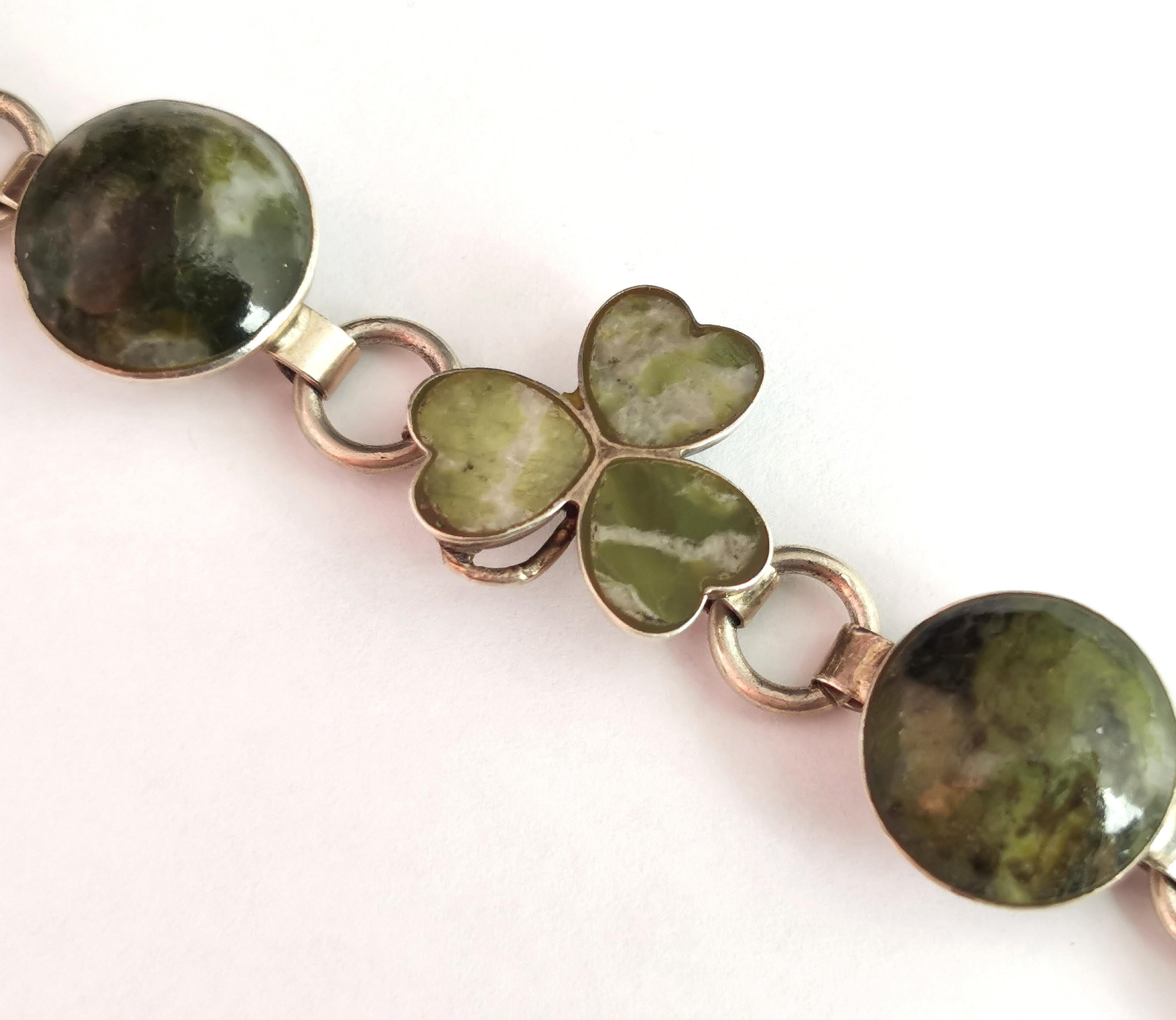 Antique Silver Shamrock Bracelet, Connemara Marble, c1900s 5