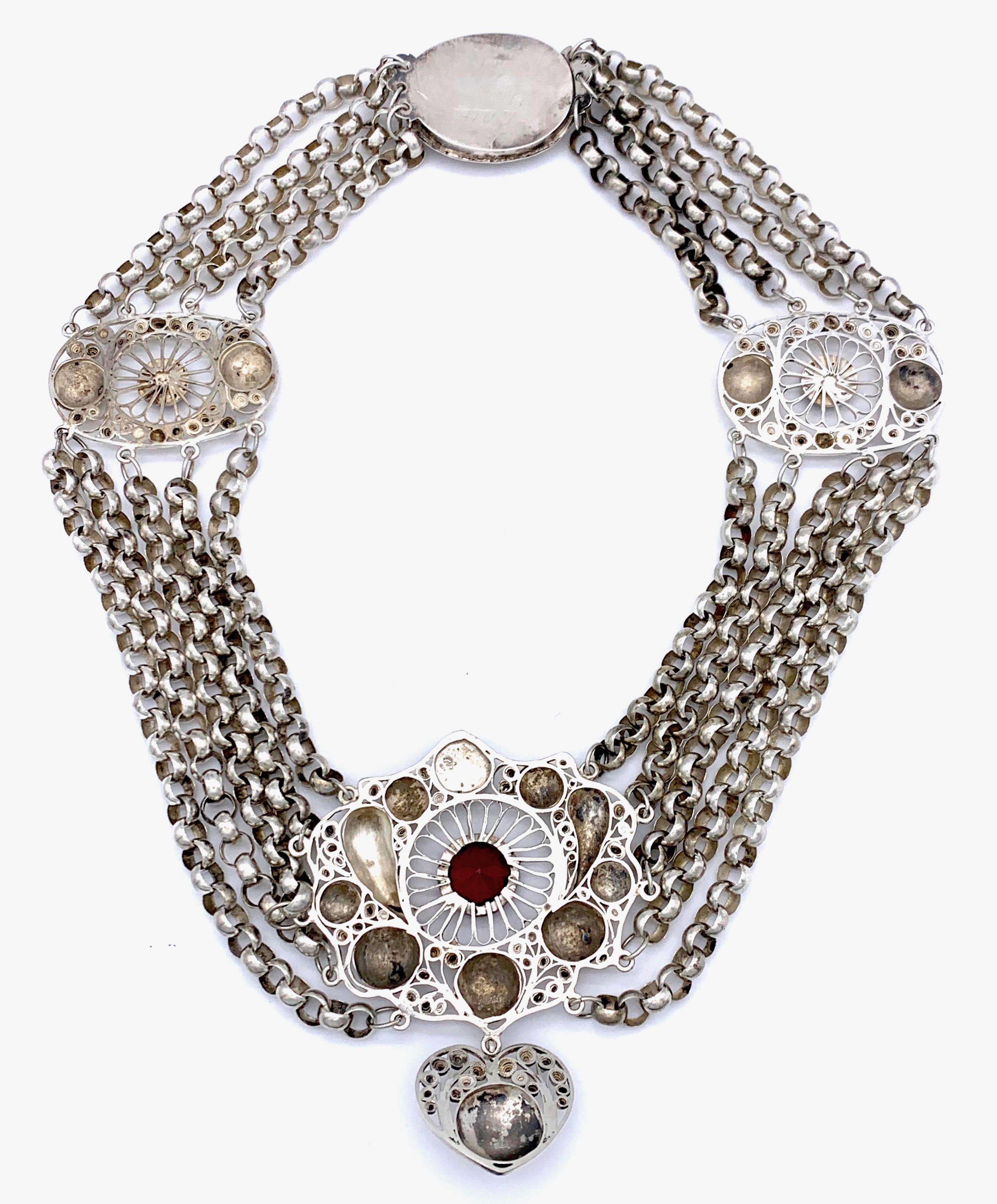 Women's Antique Silver Silvergilt Garnet Double Flame Heart Pigeon Wedding Necklace For Sale