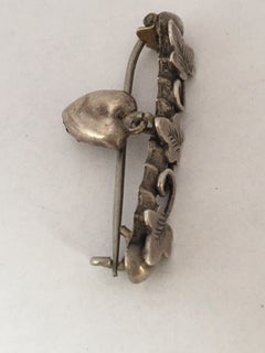 Antique Silver Single Heart and 3 Vines Brooch / Pin
