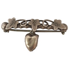 Antique Silver Single Heart and 3 Vines Brooch / Pin