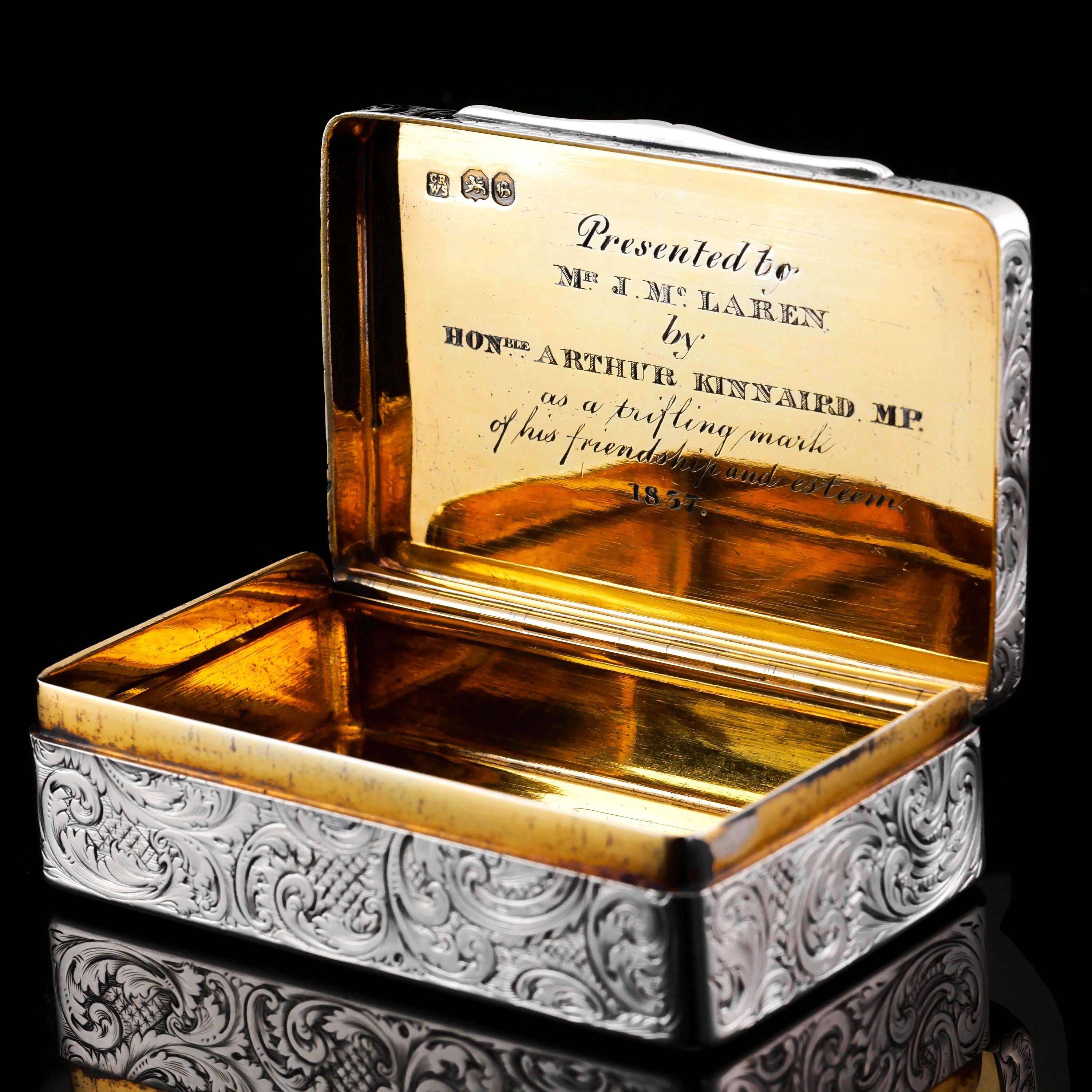 19th Century Antique Silver Snuff Box Hunting Scene Design - 1837 For Sale