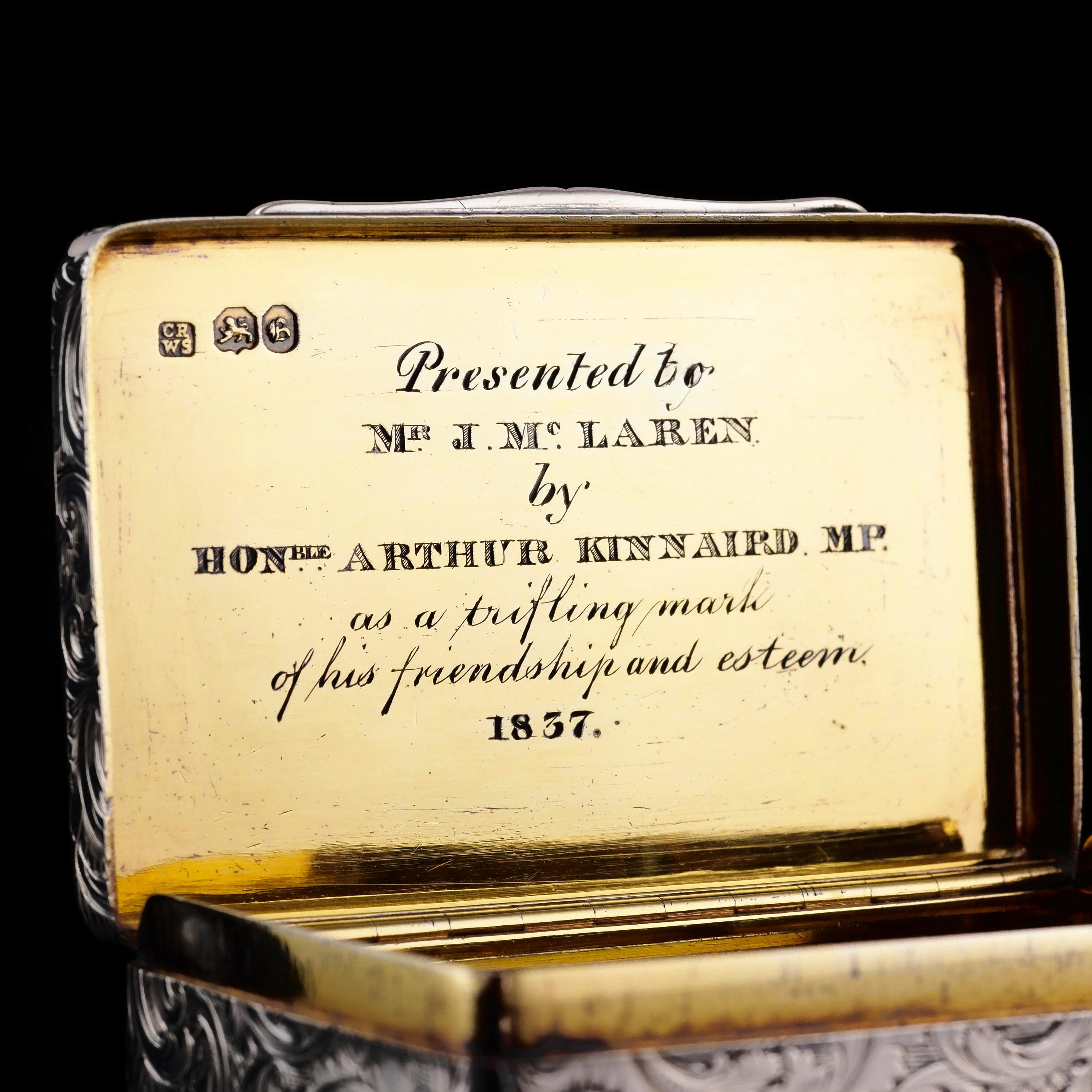 Caja de rapé de plata antigua con escena de caza - 1837 siglo XIX en venta
