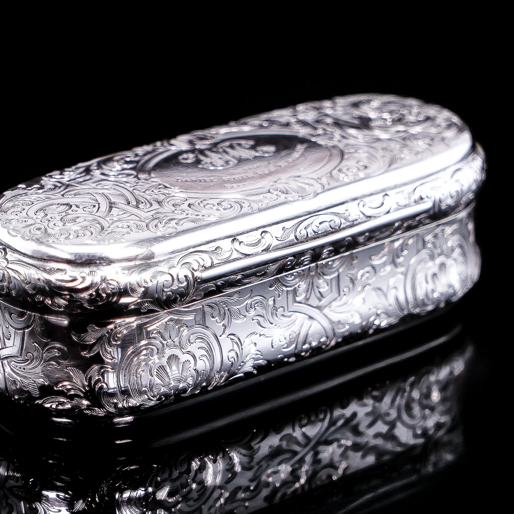 We are delighted to offer this beautiful Victorian solid silver snuff box with the marks of Charles Rawlings & William Summers, London 1849.
 
The box is made from a very good gauge of silver with a hefty weight in hand especially considering its