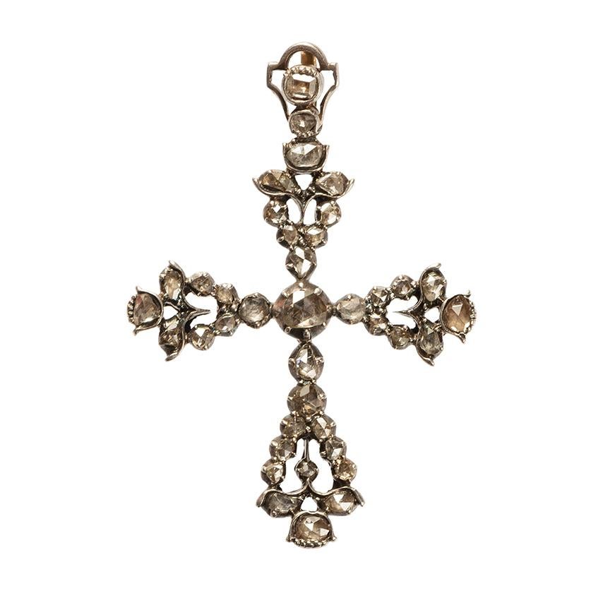 Pendentif croix espagnole ancienne en argent avec cristaux de roche Bon état - En vente à Chicago, IL
