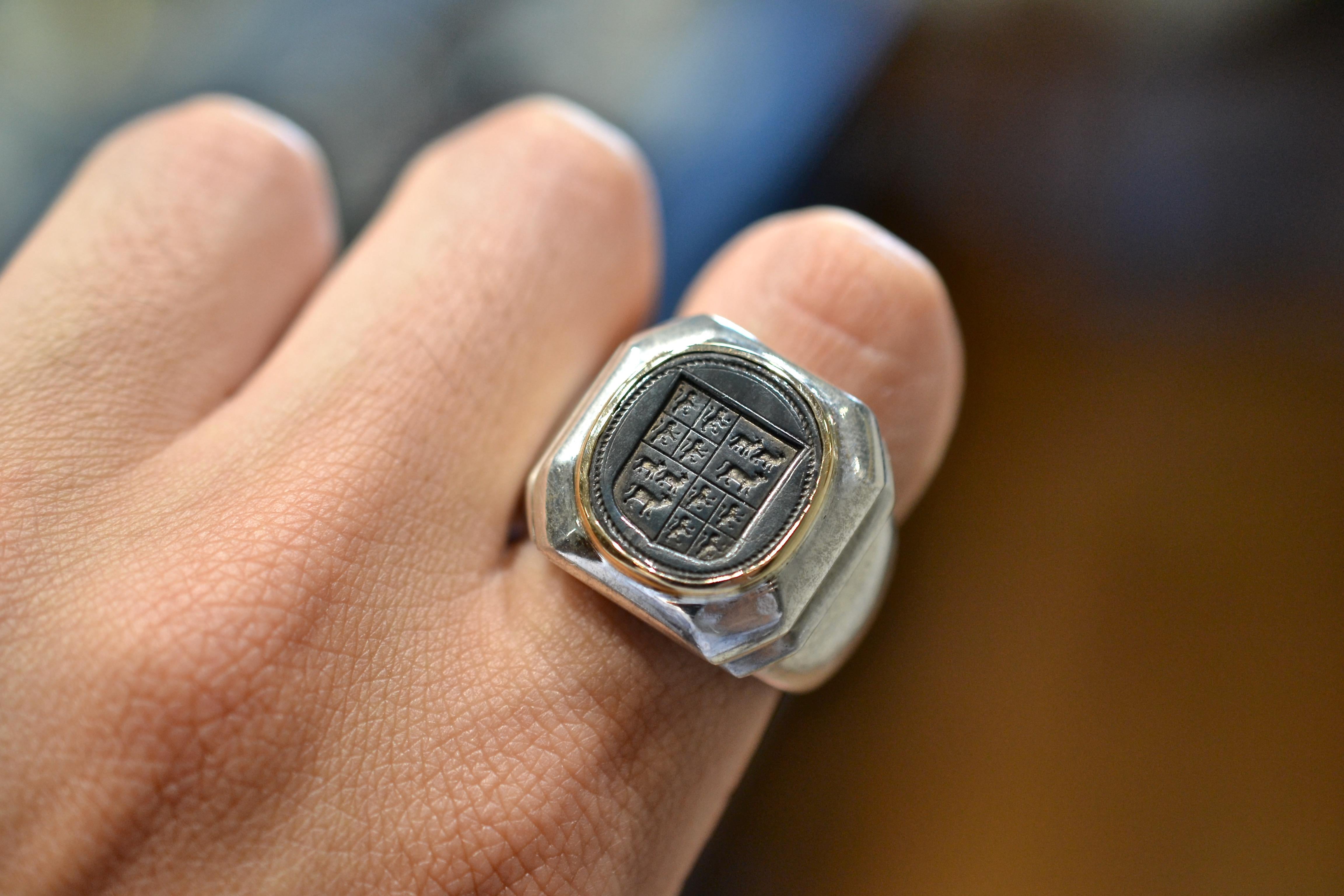 Antique Silver Steel And Gold Signet Men's Ring For Sale 3