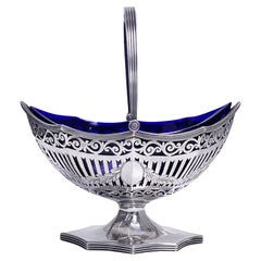 Antique Silver Sugar Basket cobalt blue glass liner London 1906 Haseler