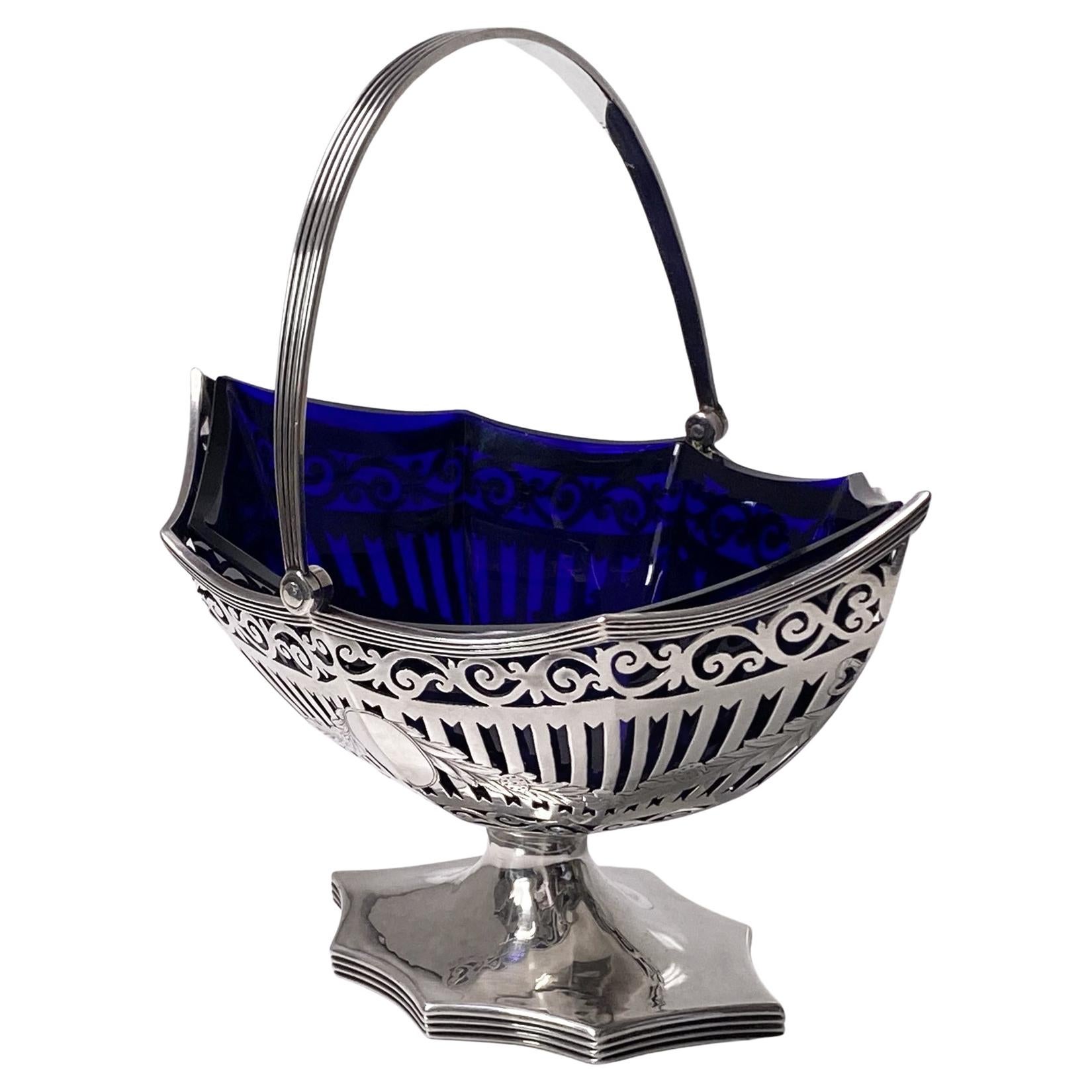 English Antique Silver Sugar Basket cobalt blue glass liner London 1906 Haseler 