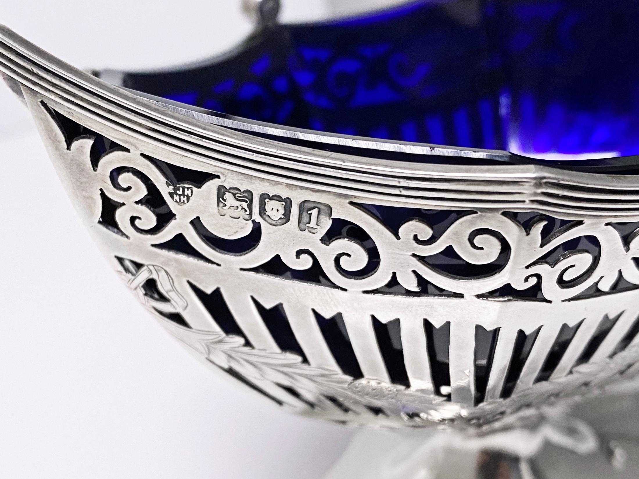 Early 20th Century Antique Silver Sugar Basket cobalt blue glass liner London 1906 Haseler 