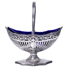 Corbeille à sucre en argent antique avec revêtement en verre bleu cobalt London 1906 Haseler 