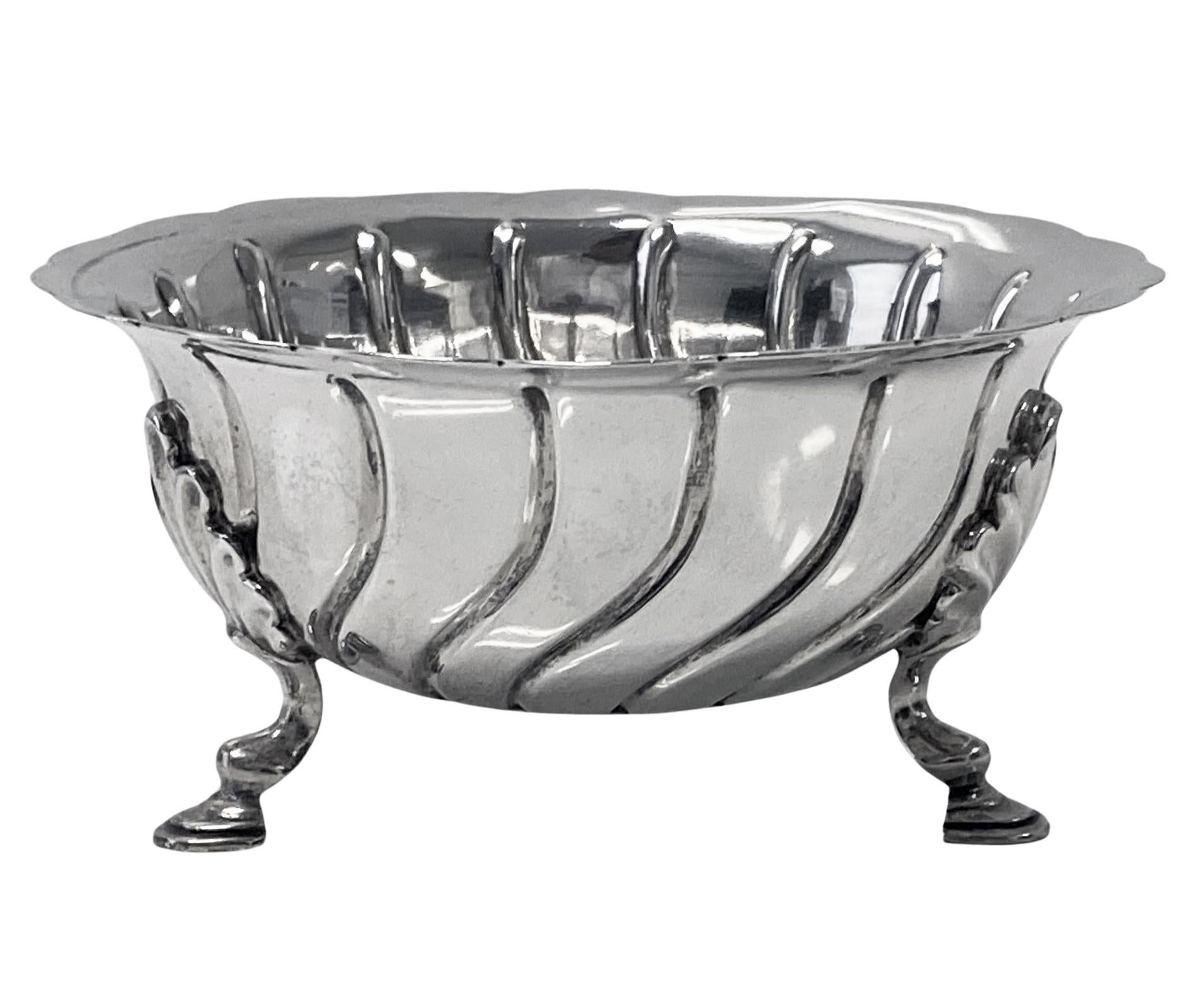 Antique Silver Sugar Bowl London 1899 Barnard. The circular bowl in Irish 18th century style on raised on three shell knuckle mask feet, swirl design surround body, scalloped everted rim. Diameter: 4.75 inches. Height: 2.25 inches. Weight: 169