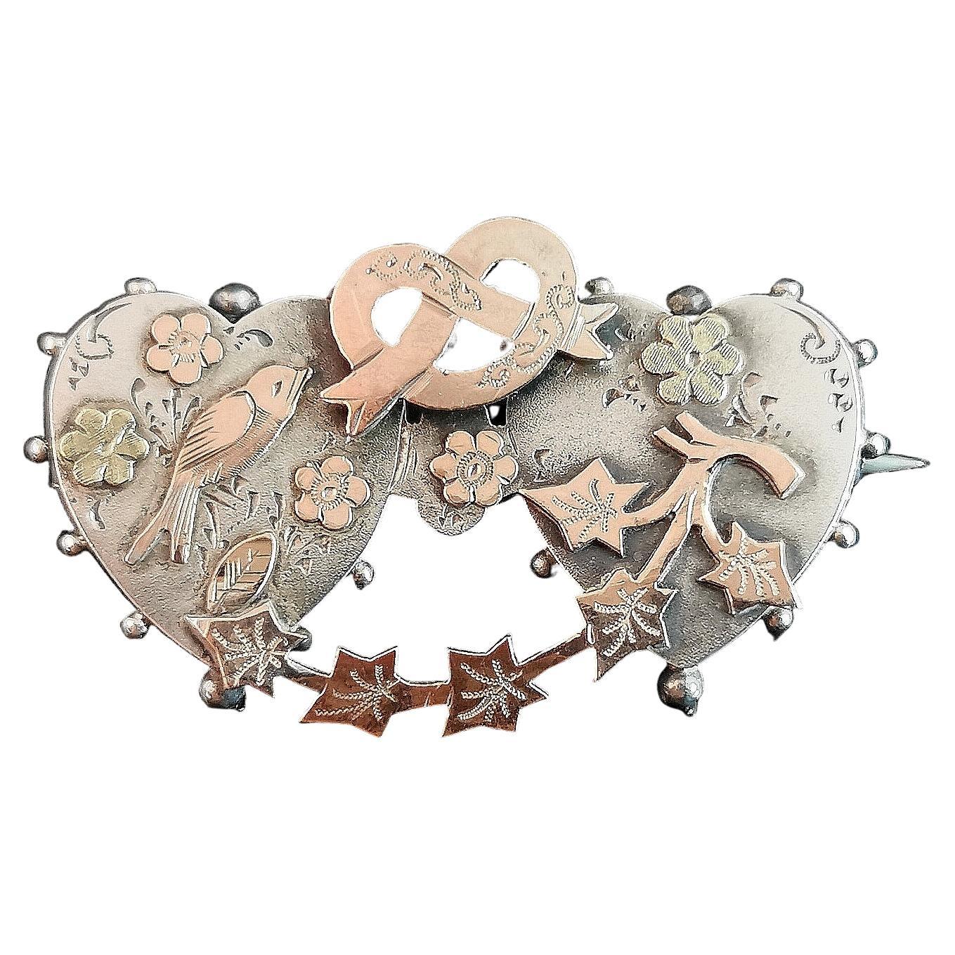 Antique Silver Sweetheart Brooch, 9ct Gold, Swallow, Lovers Knot