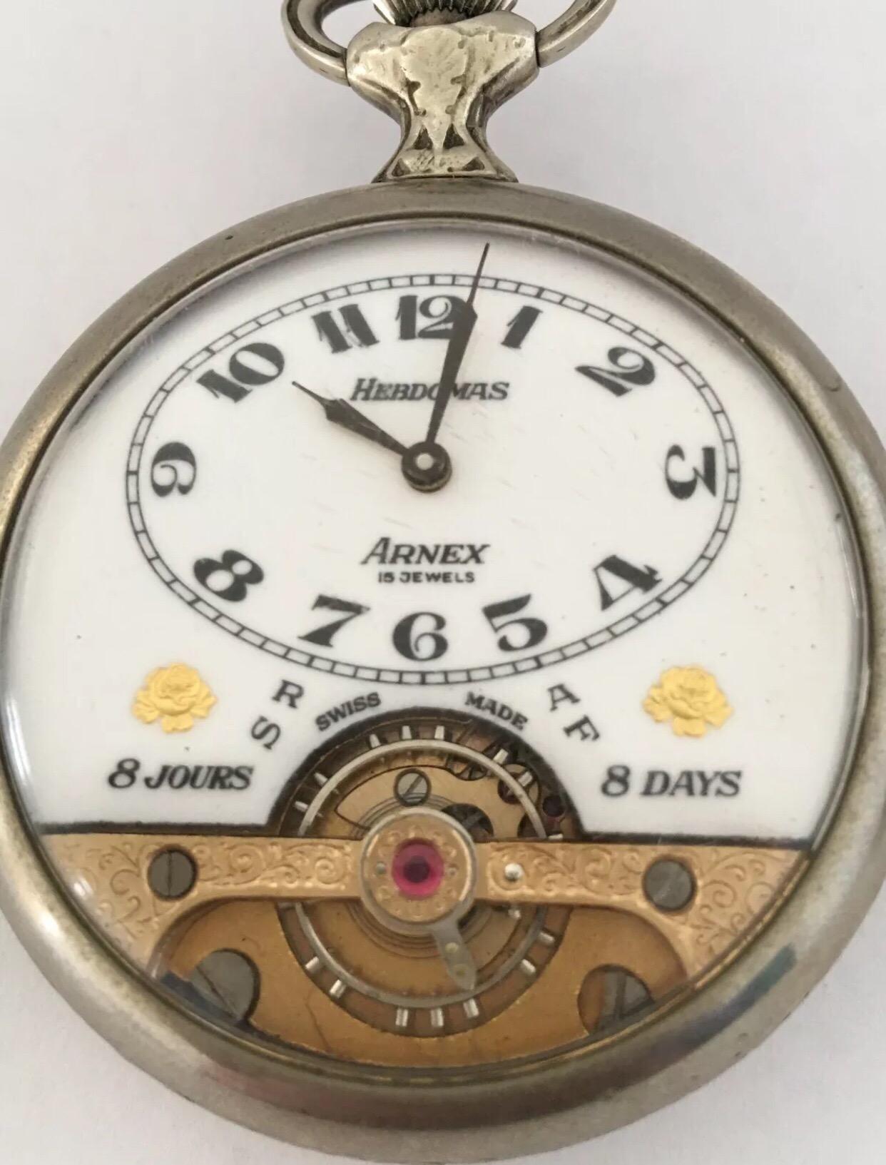 Antique Silver Plated Swiss 8 Day Hebdomas with Visible Escapement Pocket Watch For Sale 4