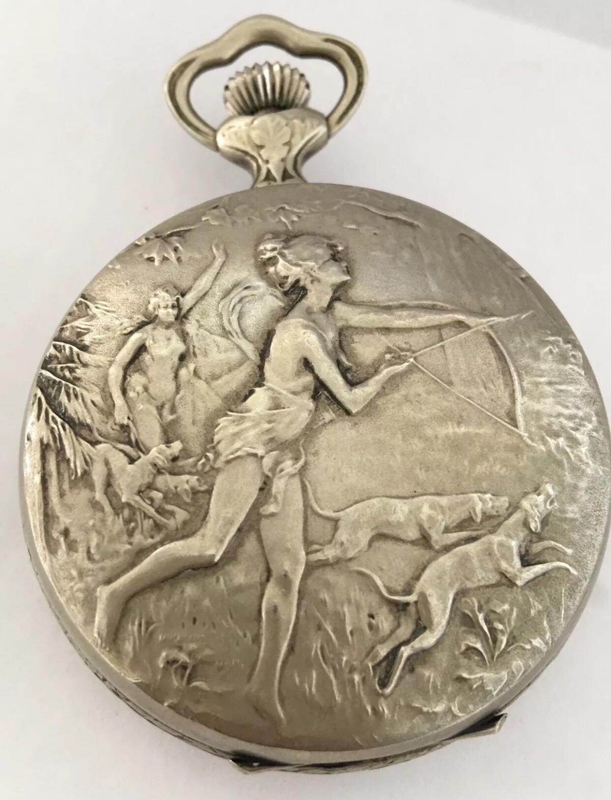 Montre de poche suisse ancienne Hebdomas 8 jours avecéchappement visible en vente 3