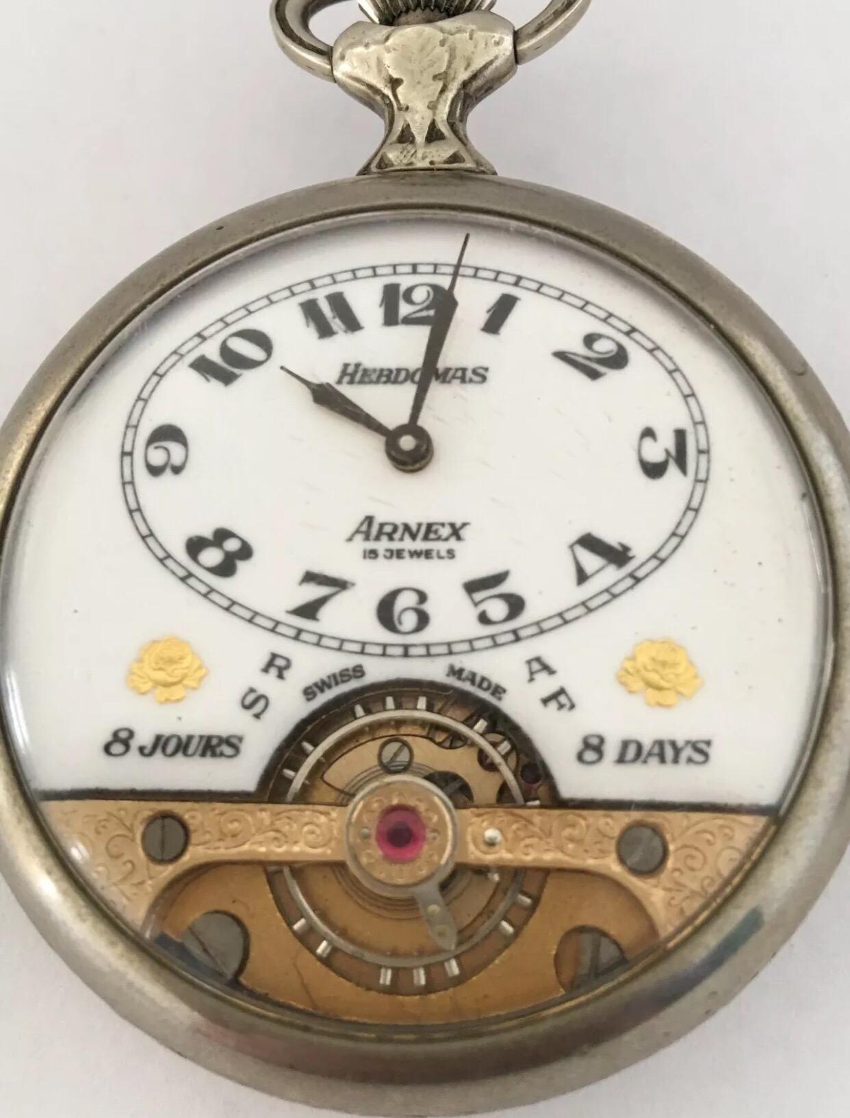 Montre de poche suisse ancienne Hebdomas 8 jours avecéchappement visible en vente 4