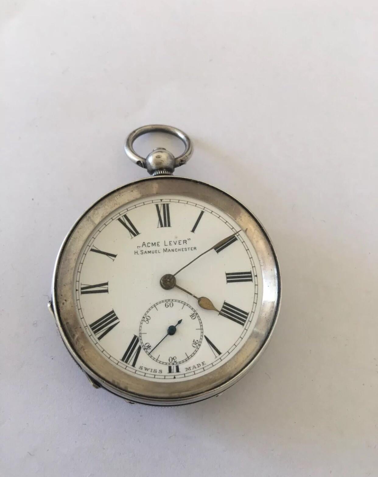 Antique Silver Swiss Made Pocket Watch Signed H. Samuel Manchester Acme Lever 3