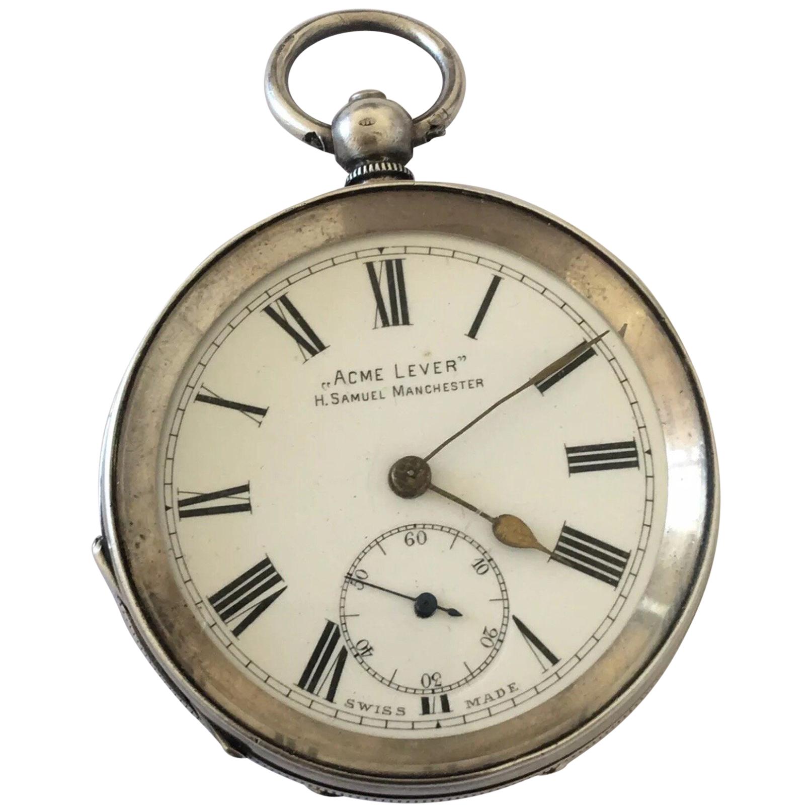 Antique Silver Swiss Made Pocket Watch Signed H. Samuel Manchester Acme Lever