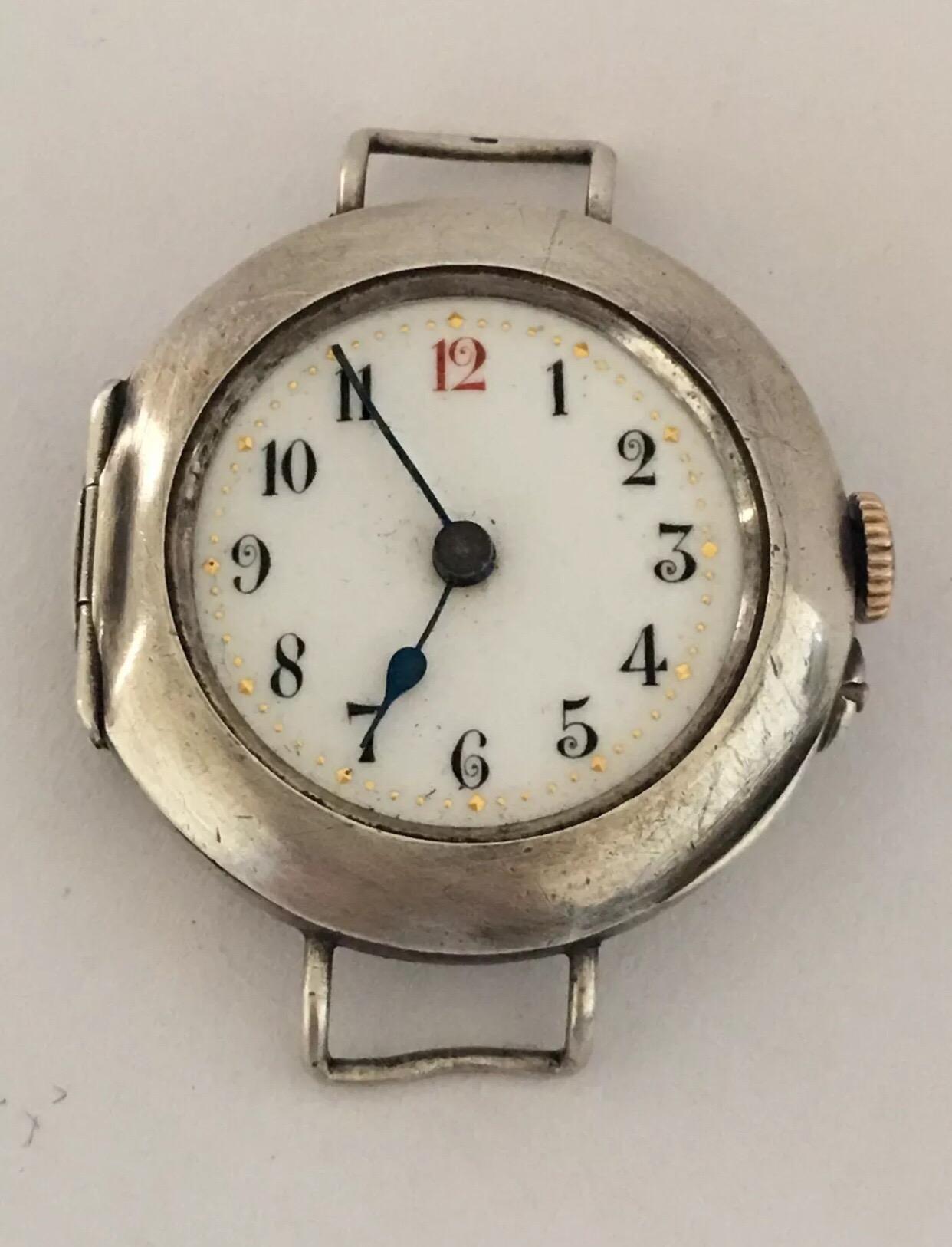 Antique Silver Swiss Trench Watch ( no Strap)


This watch is working and ticking well. A bit of dent on the side case as shown on the photo. Visible tiny chipped on the side enamel dial. Glass is missing .