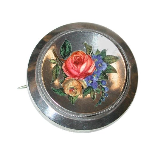 Antique Silver Target Brooch with Flower Enameled Front, Dated circa 1880