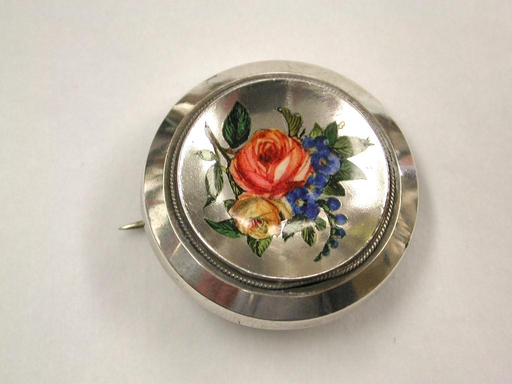 Women's Antique Silver Target Brooch with Flower Enameled Front, Dated circa 1880 For Sale