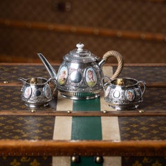 Antikes Silber-Teeservice von Charles Edwards, Emaille-Dekor, englisch, 1885