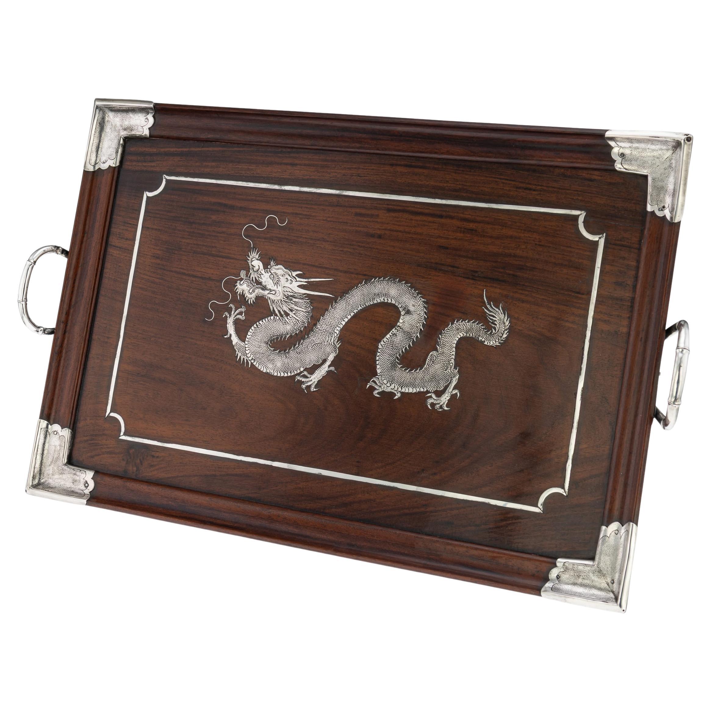 Antique Silver Tea Tray by Kwan Wo, Chinese Export, 1900 For Sale