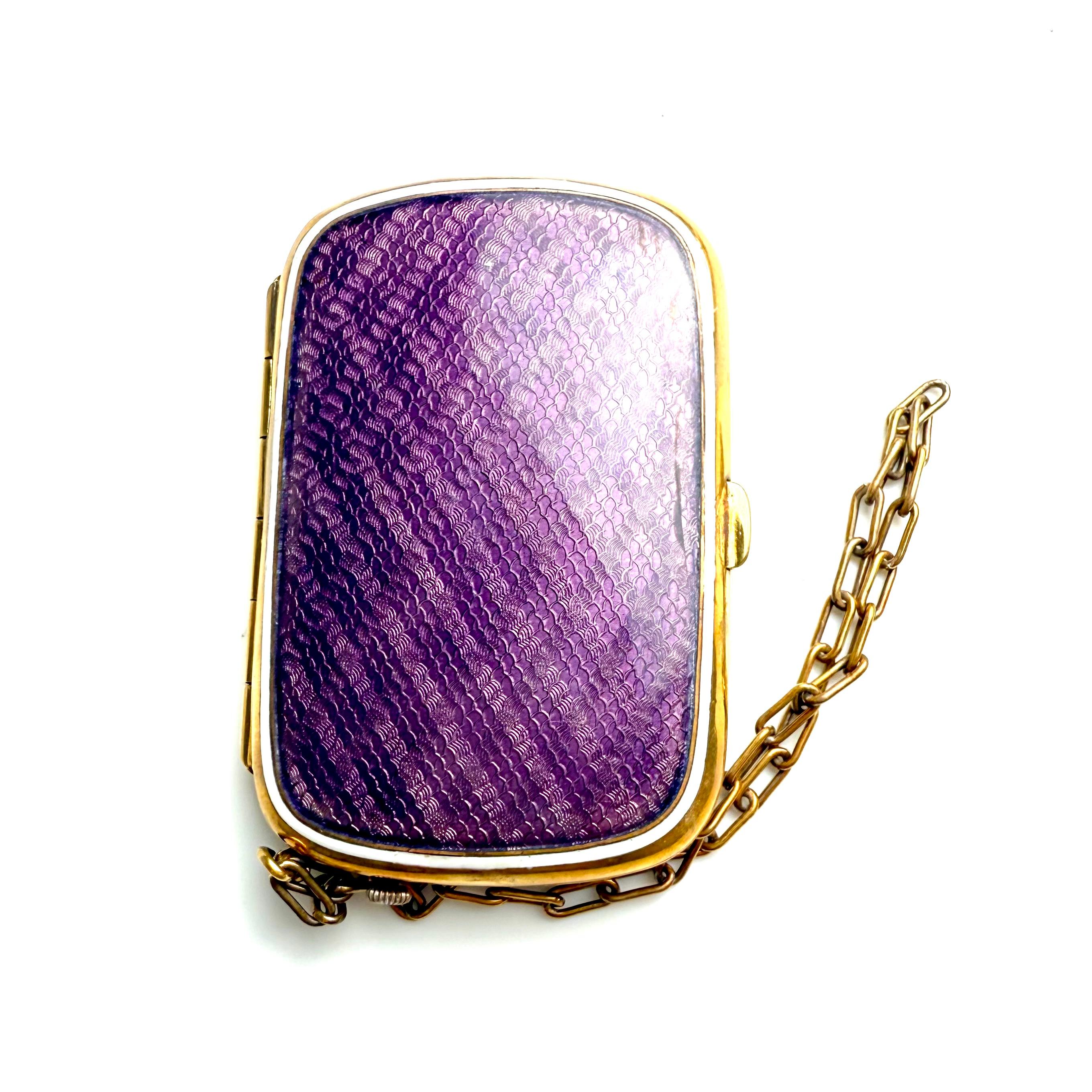 Antique Silver-Tone Purple Guilloché Enamel Compact with Clock 20th Century For Sale 6