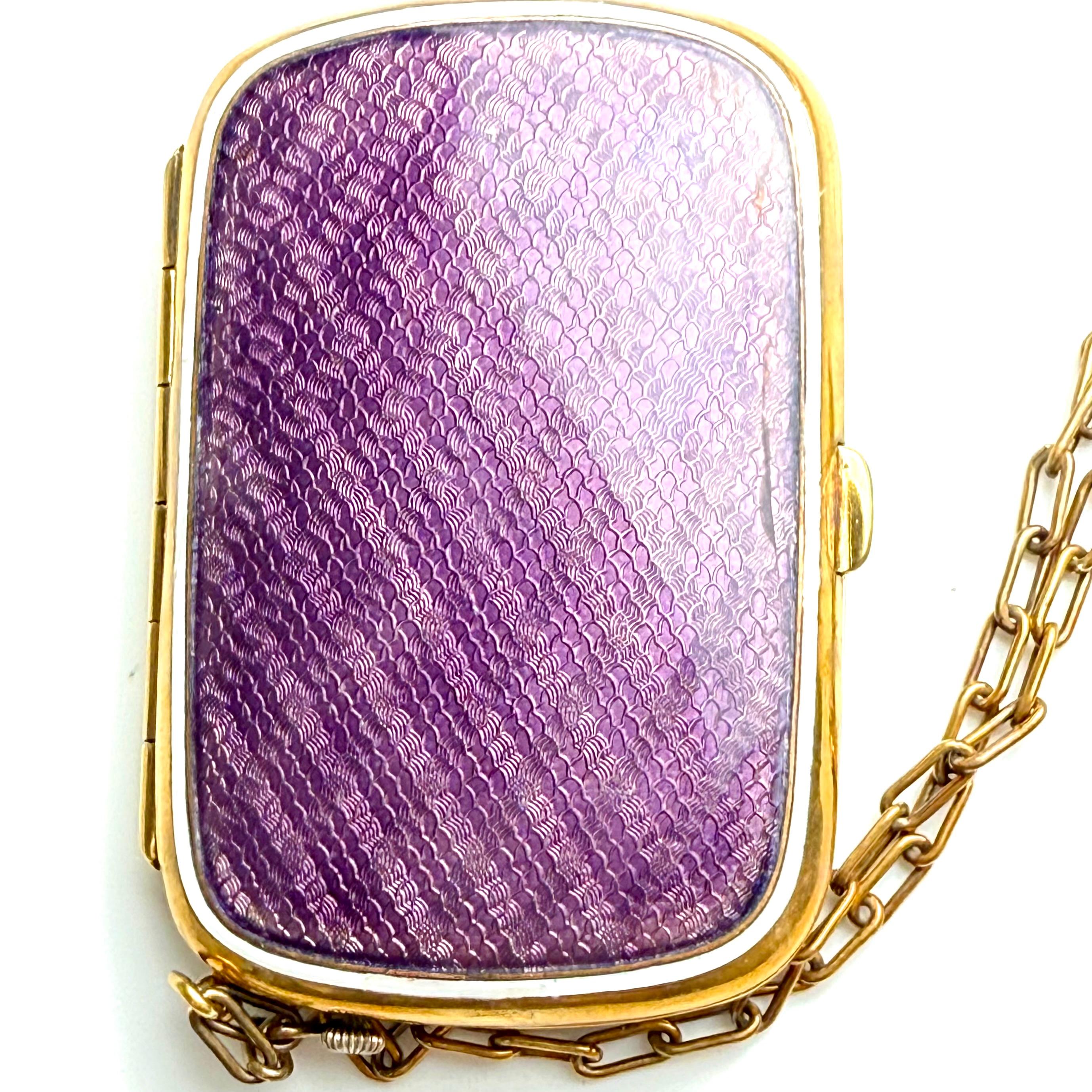 Antique Silver-Tone Purple Guilloché Enamel Compact with Clock 20th Century For Sale 8