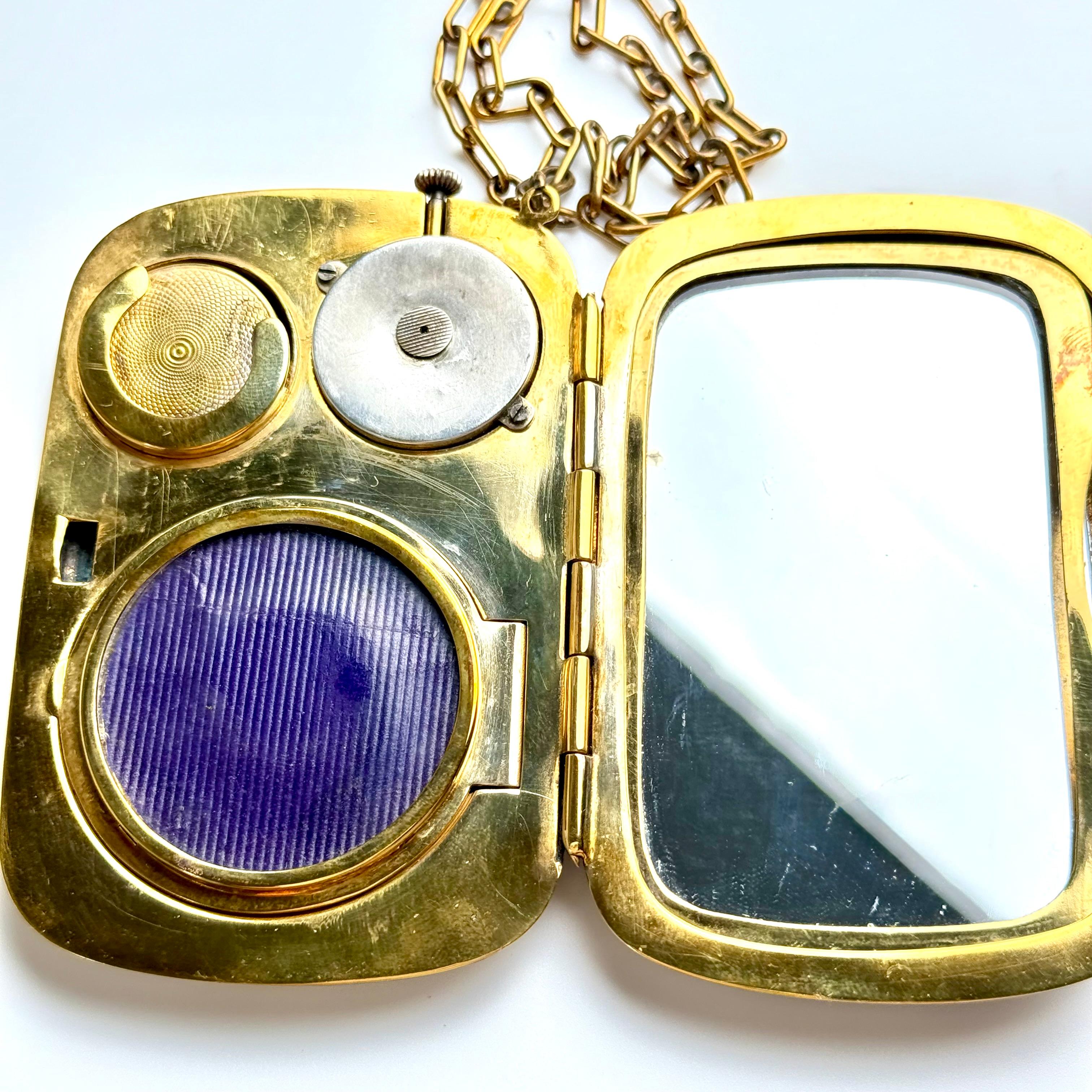 Antique Silver-Tone Purple Guilloché Enamel Compact with Clock 20th Century For Sale 10