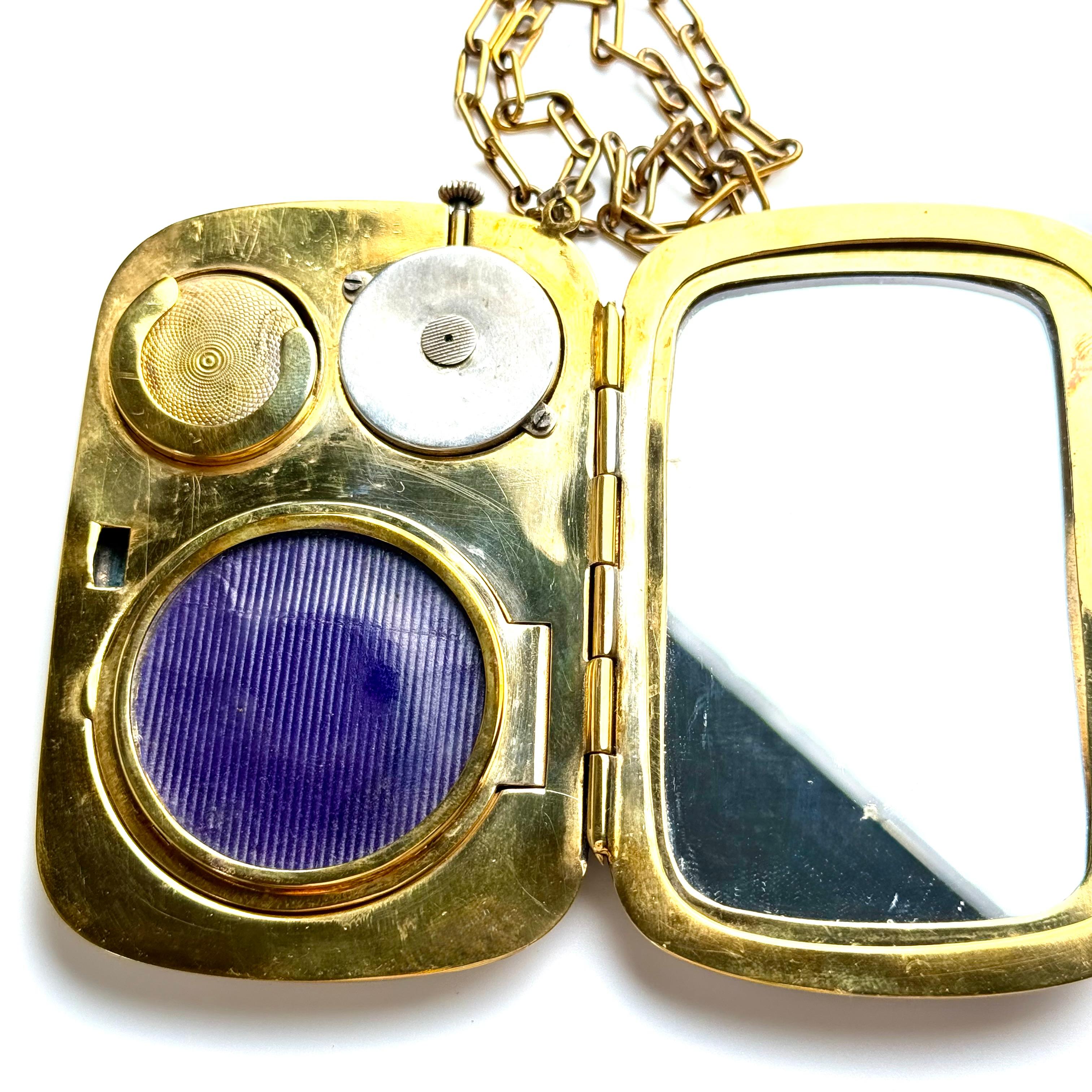 Art Deco Antique Silver-Tone Purple Guilloché Enamel Compact with Clock 20th Century For Sale